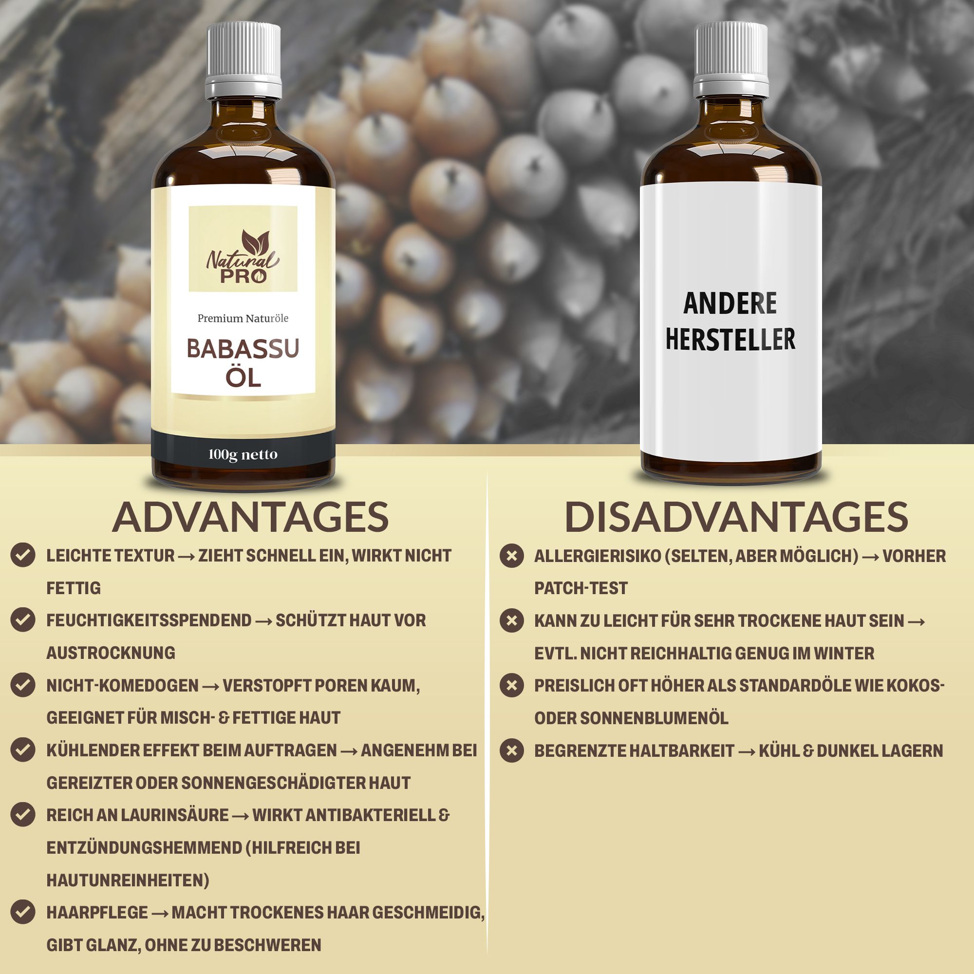 Zwei braune Glasflaschen mit weißem Deckel und Etikett. Aufschrift: Babassu Öl. Vergleich von Vor- und Nachteilen des Produkts.