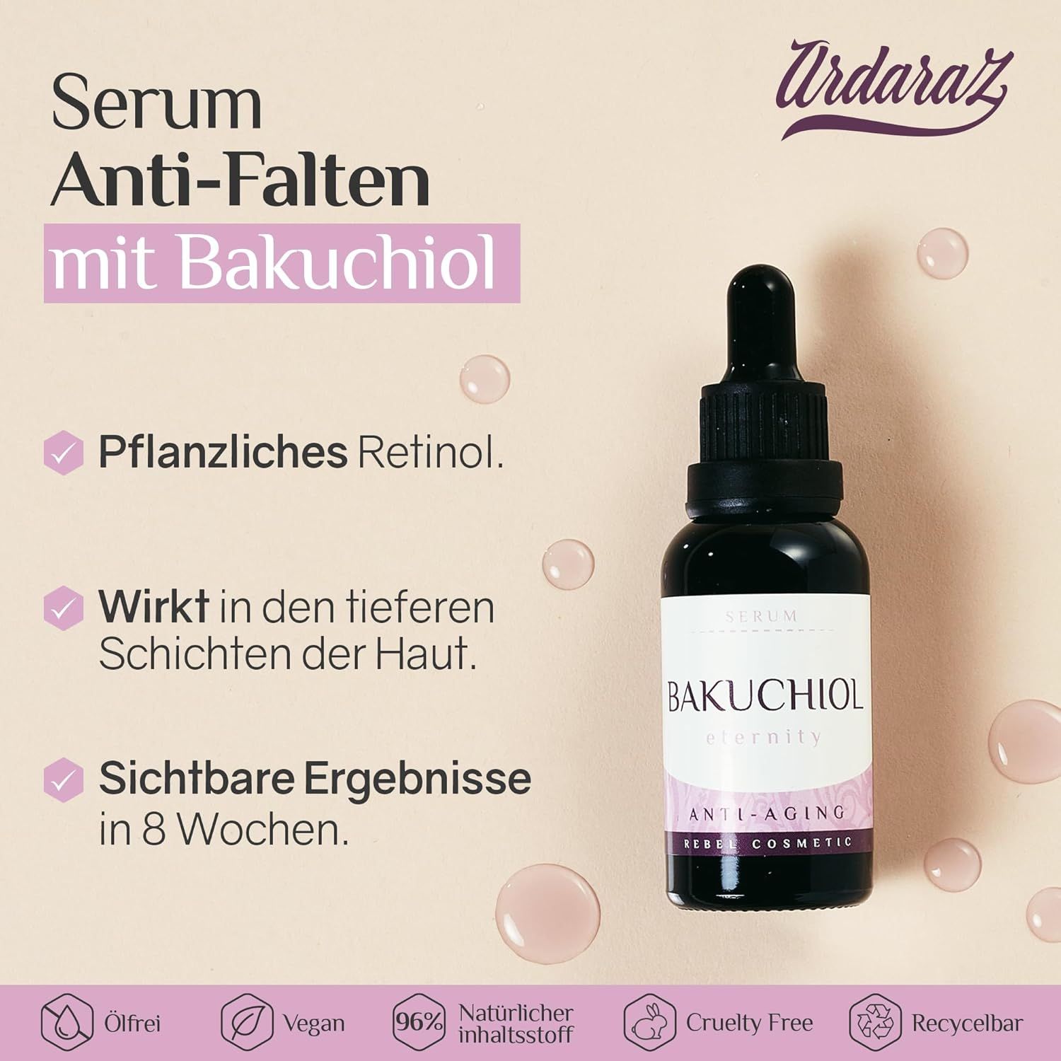 Serumflasche mit Bakuchiol. Schwarze Flasche mit Pipette. Text: Anti-Aging, Pflanzliches Retinol, Vegan, etc.