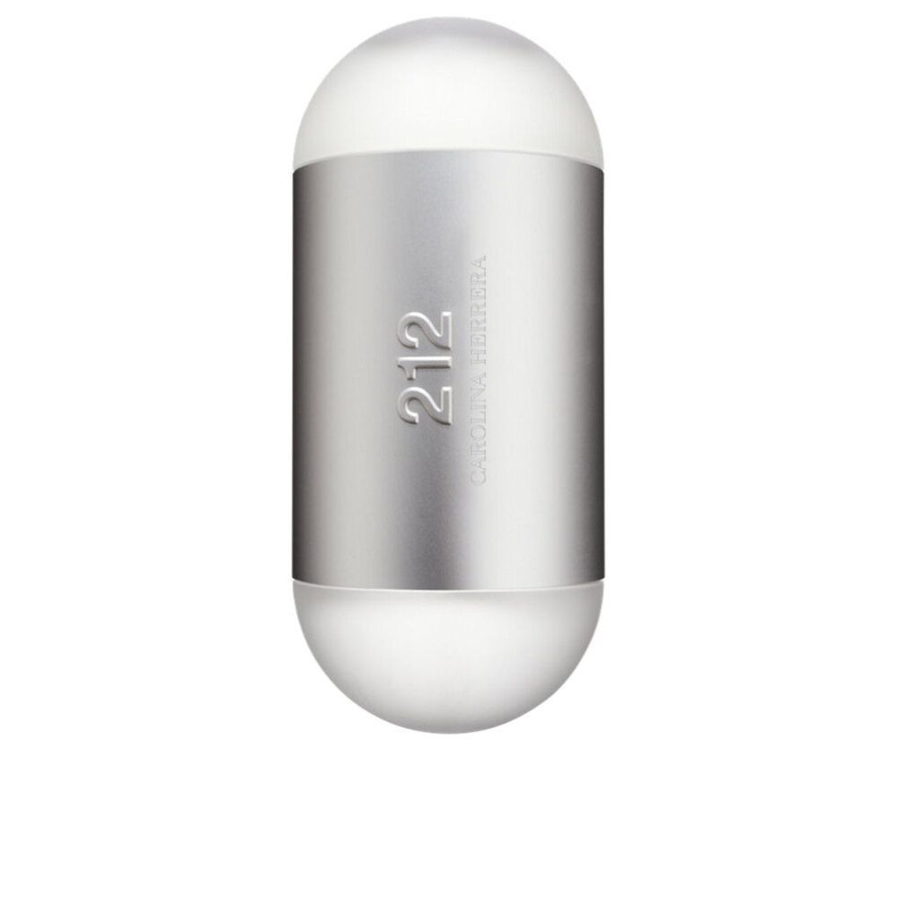 Zylindrische Flasche mit silbernem Mittelteil und weißen Enden. Aufschrift '212' und 'Carolina Herrera'.