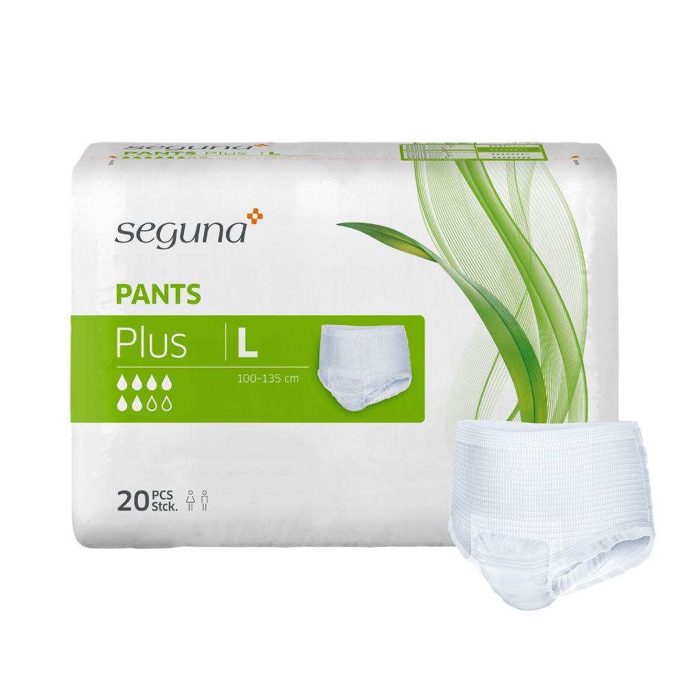 Verpackung SEGUNA Pants Plus L. Enthält 20 Stück. Produkt und Verpackung mit Größenangabe und Saugstärke.