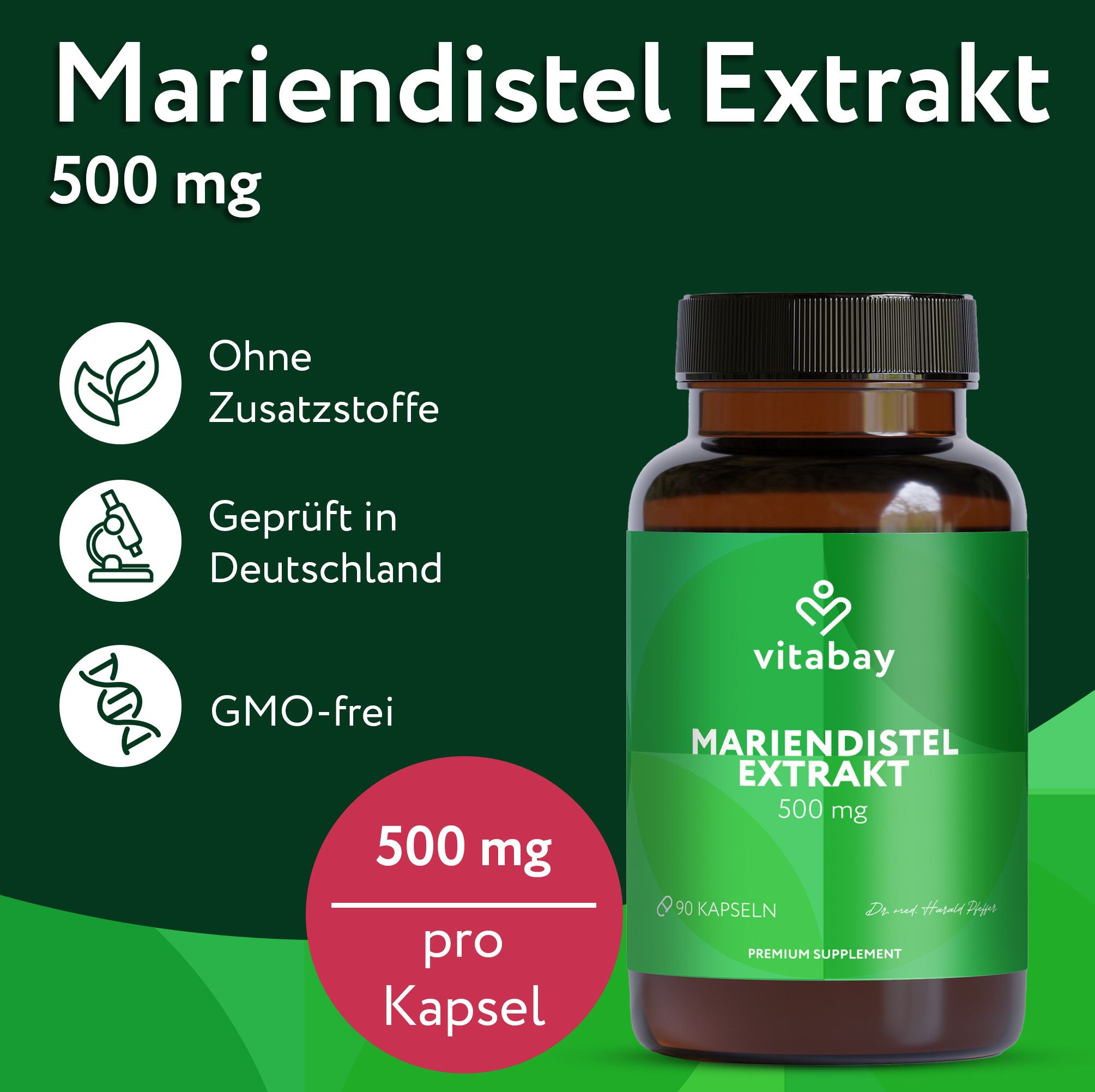 Flasche Vitabay Mariendistel Extrakt 500 mg mit Siegeln: Ohne Zusatzstoffe, Geprüft in Deutschland, GMO-frei. 500 mg pro Kapsel.
