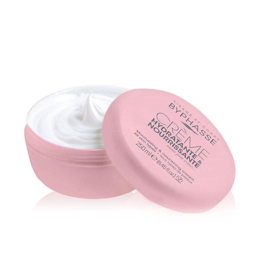 Rosa Dose mit weißer Creme. Deckel daneben. Text: BYPHASSE, Crème Hydratante & Nourrissante, 250 ml.