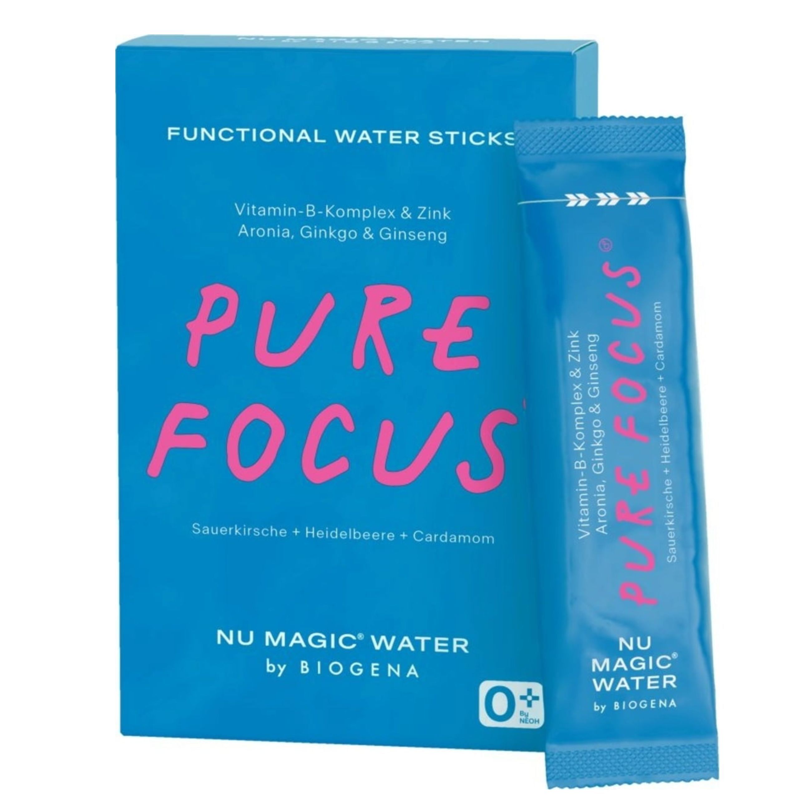 Blaue Schachtel und Beutel mit "PURE FOCUS" und "NU MAGIC WATER by BIOGENA". Enthält Vitamin B-Komplex, Zink, Aronia, Ginkgo & Ginseng.