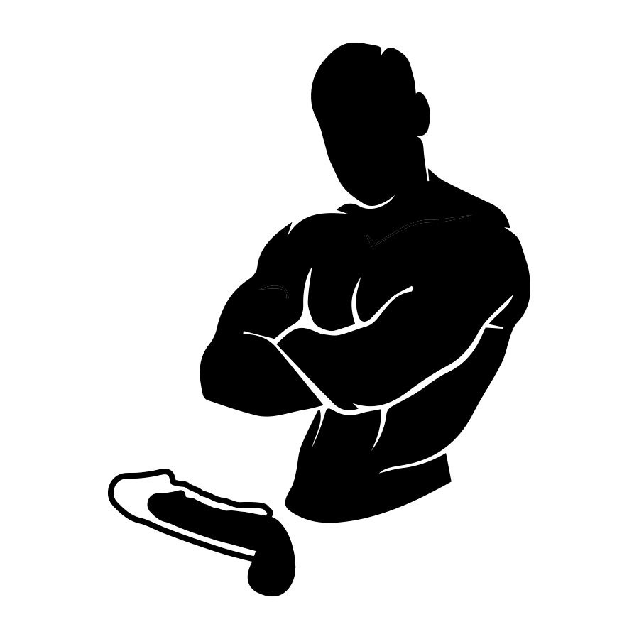 Schwarze Silhouette eines Mannes mit verschränkten Armen und einem transparenten Penis-Erweiterungsstück.