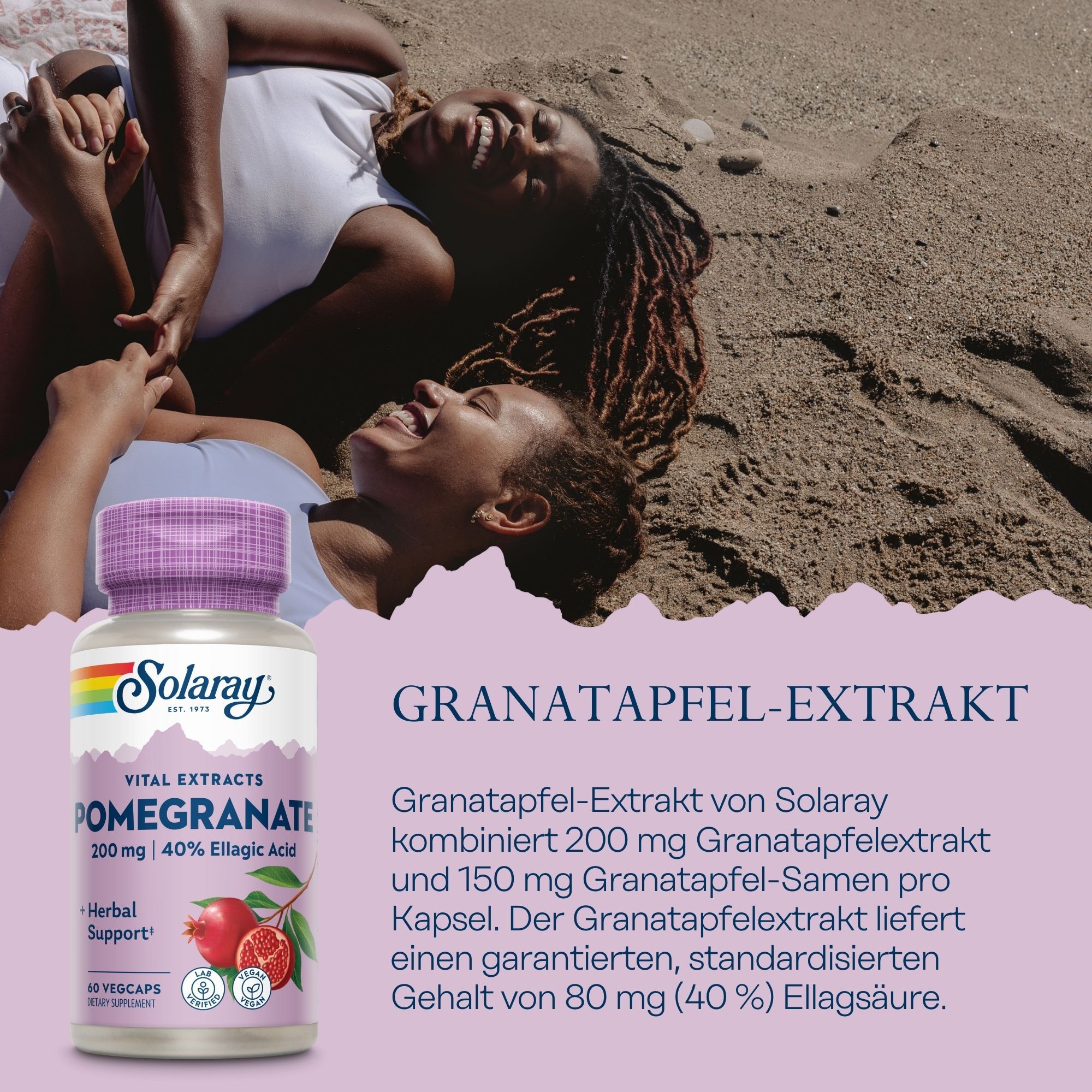 Solaray Granatapfel-Extrakt-Flasche. Lila Deckel, weißes Etikett mit Produktnamen und Granatapfel-Illustration. 60 Vegicaps.