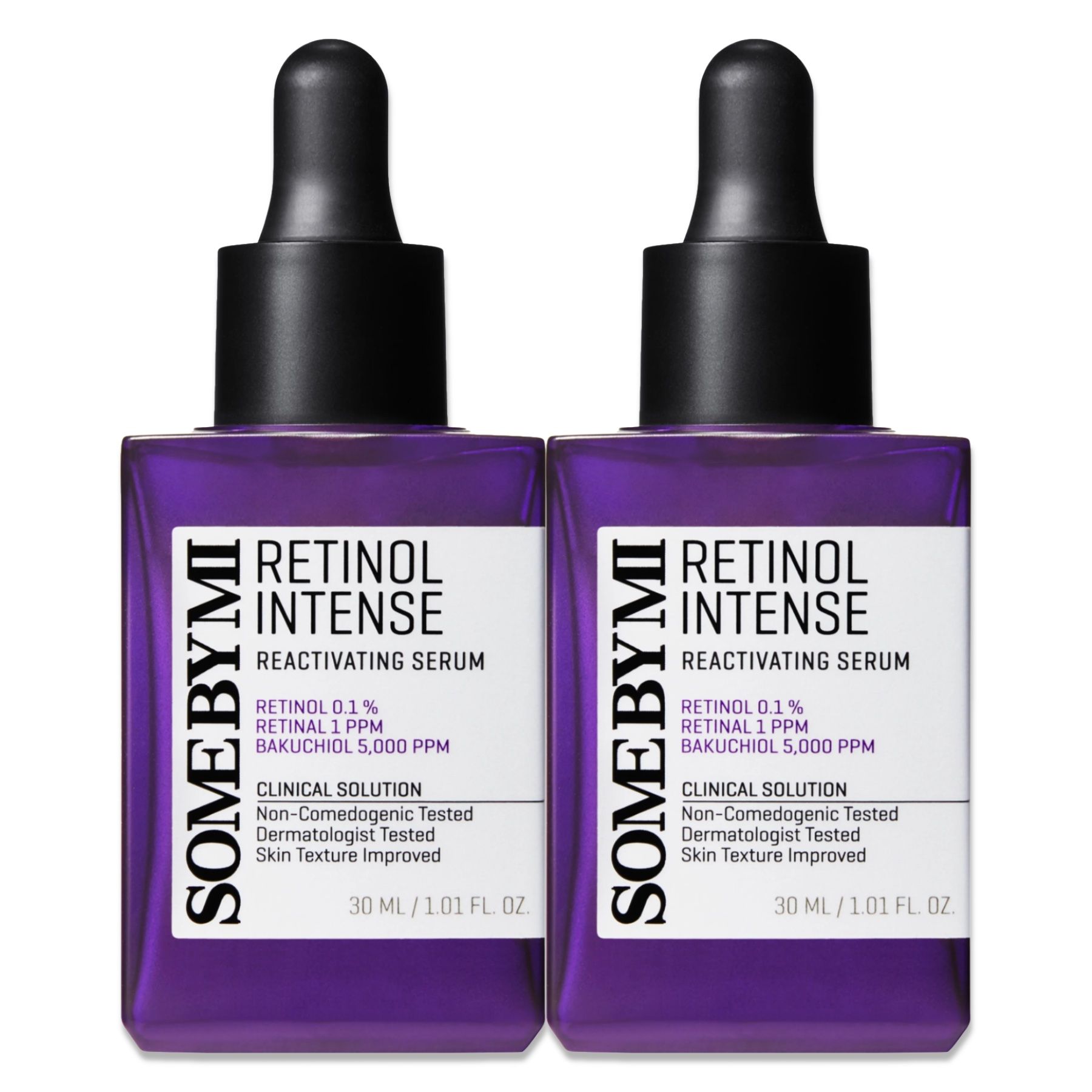 Zwei Flaschen Serum. Lila Flaschen mit schwarzem Deckel. Aufschrift: Retinol Intense Reactivating Serum. Marke: Some By Mi.