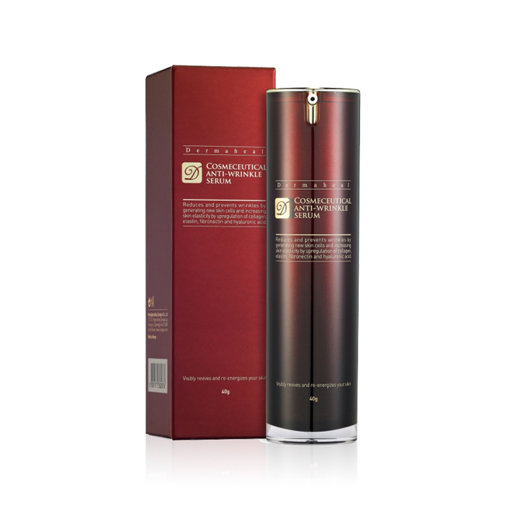 Dunkelrotes Serum mit Verpackung. Aufschrift: Dermaheal Cosmeceutical Anti-Wrinkle Serum. Flasche mit goldfarbenem Verschluss.