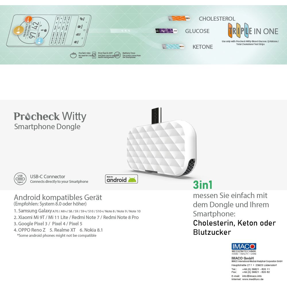 Procheck Witty Multi Dongle im Starterset- inkl. Cholesterin, Keton, Blutzucker Teststreifen