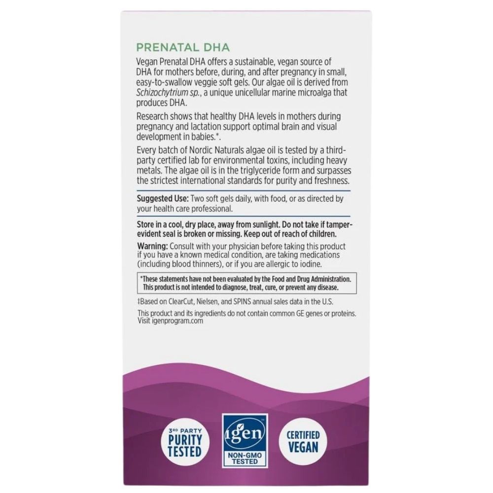 NORDIC NATURALS Pränatales DHA Vegan: Rückseite der Packung mit Produktbeschreibung, Anwendungshinweisen und Siegeln.
