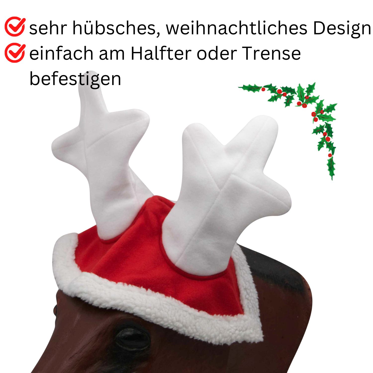 Weihnachtsmütze für Pferde mit Rentiergeweih. Rotes Band, weiße Geweihe. Text: sehr hübsches, weihnachtliches Design.