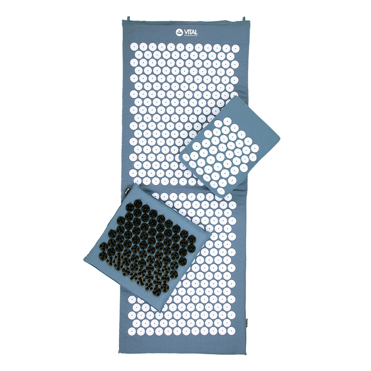 Akupressur-Set XL blau: Matte, Kissen, Fußmatte. Blaue Textilien mit weißen und schwarzen Akupressur-Noppen. Marke: VITAL.