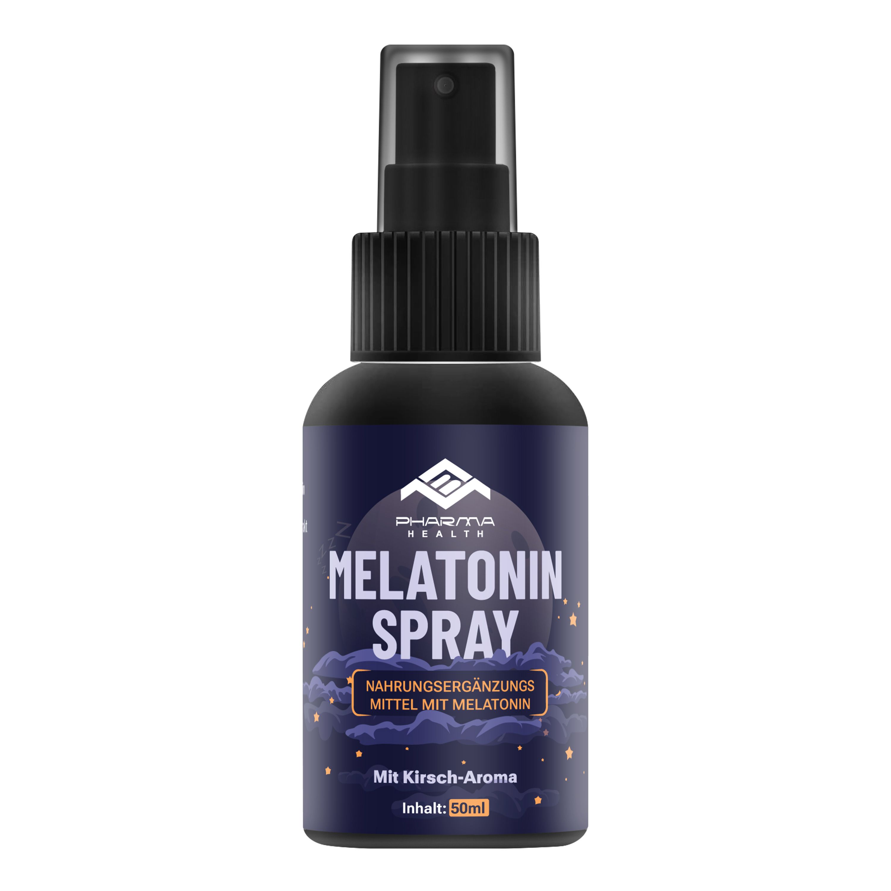 Melatonin Spray-Flasche. Schwarze Sprühflasche mit blauem Etikett. Text: Melatonin Spray, Nahrungsergänzungsmittel, Kirsch-Aroma.