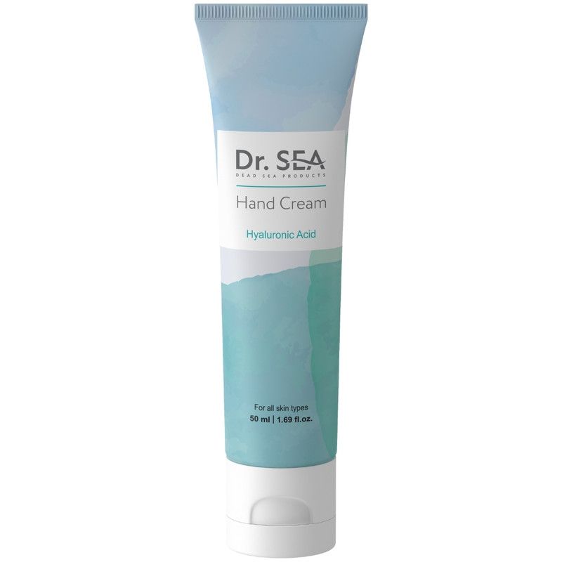 Handcreme-Tube, hellblau-weiß. Schriftzug: Dr. SEA, Hand Cream, Hyaluronic Acid. Für alle Hauttypen.