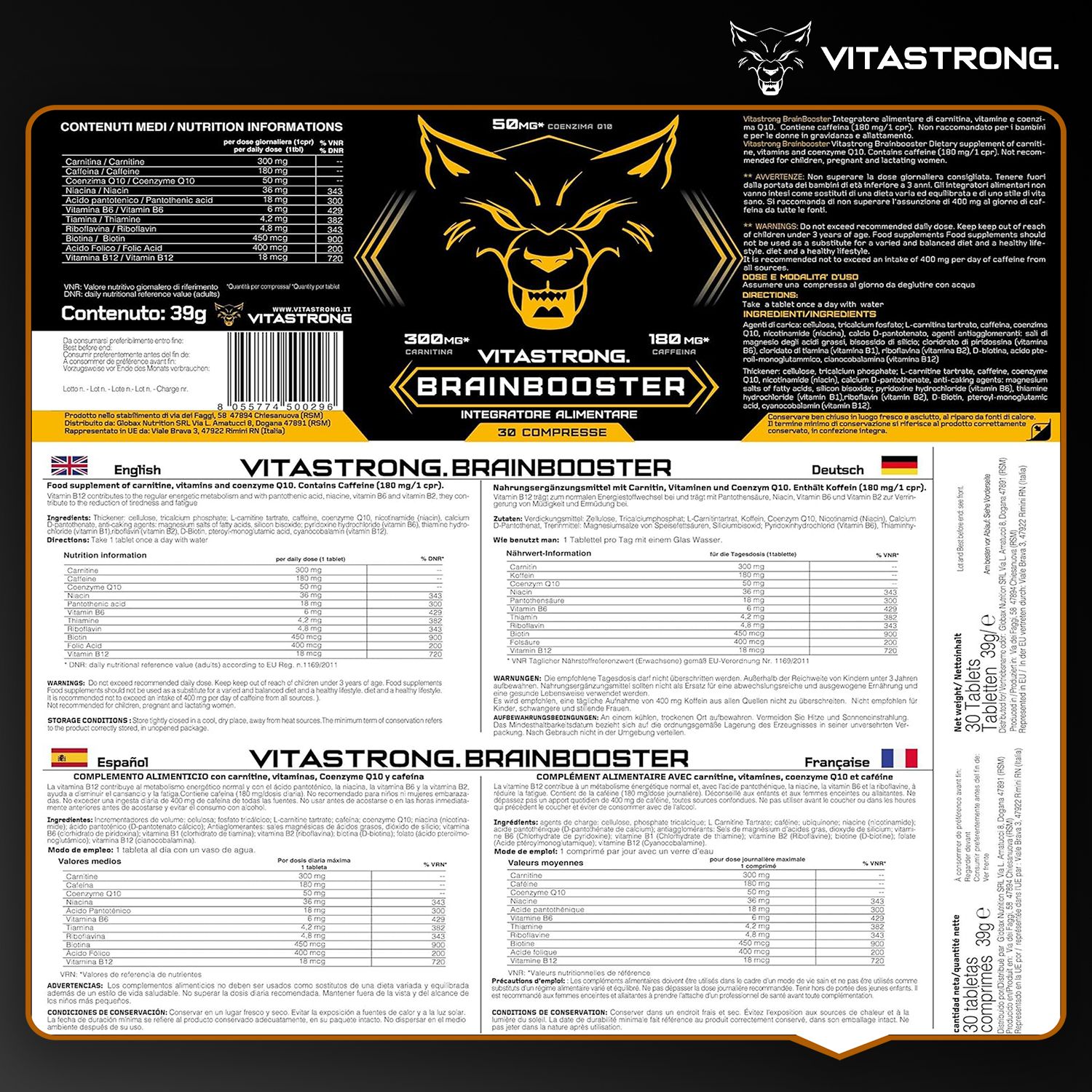 Vitastrong Brainbooster, 30 Tabletten. Verpackung mit Inhaltsangaben in Englisch, Deutsch, Spanisch, Französisch.
