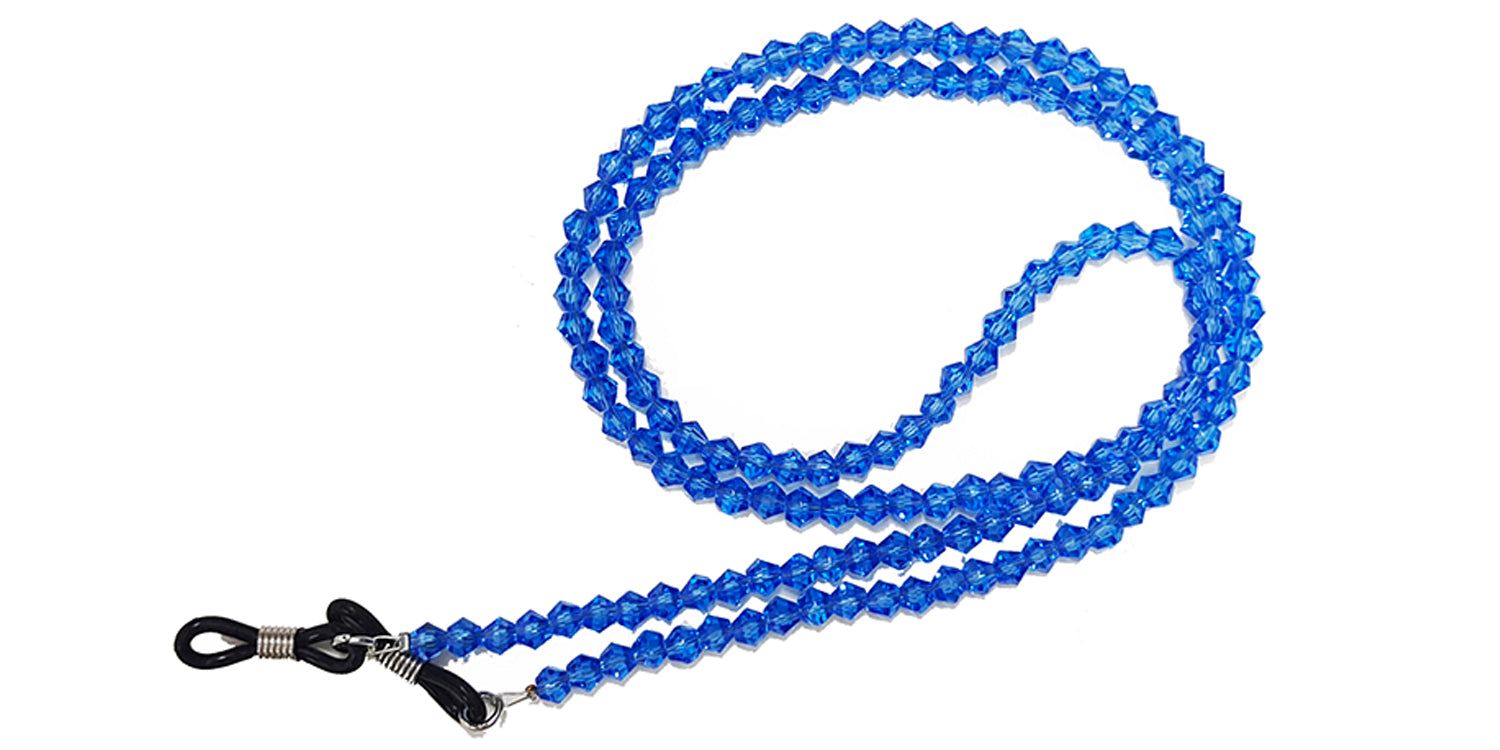 Blaue Brillenkette mit Perlen. Schwarze Schlaufen zur Befestigung an Brillenbügeln. Metallverschlüsse.