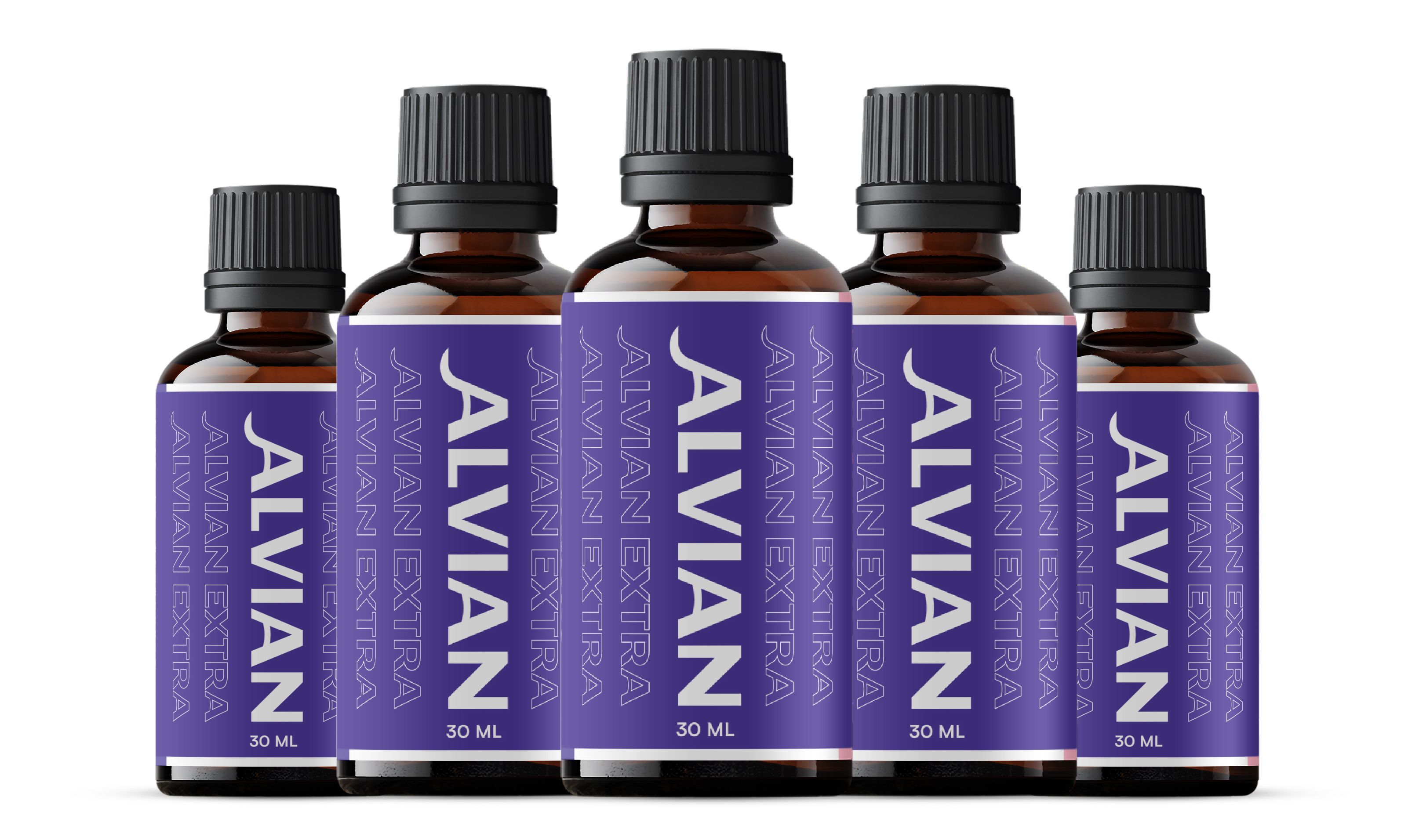 Fünf kleine braune Glasflaschen mit Alvian Alvian Extra Etiketten, jeweils 30 ml.