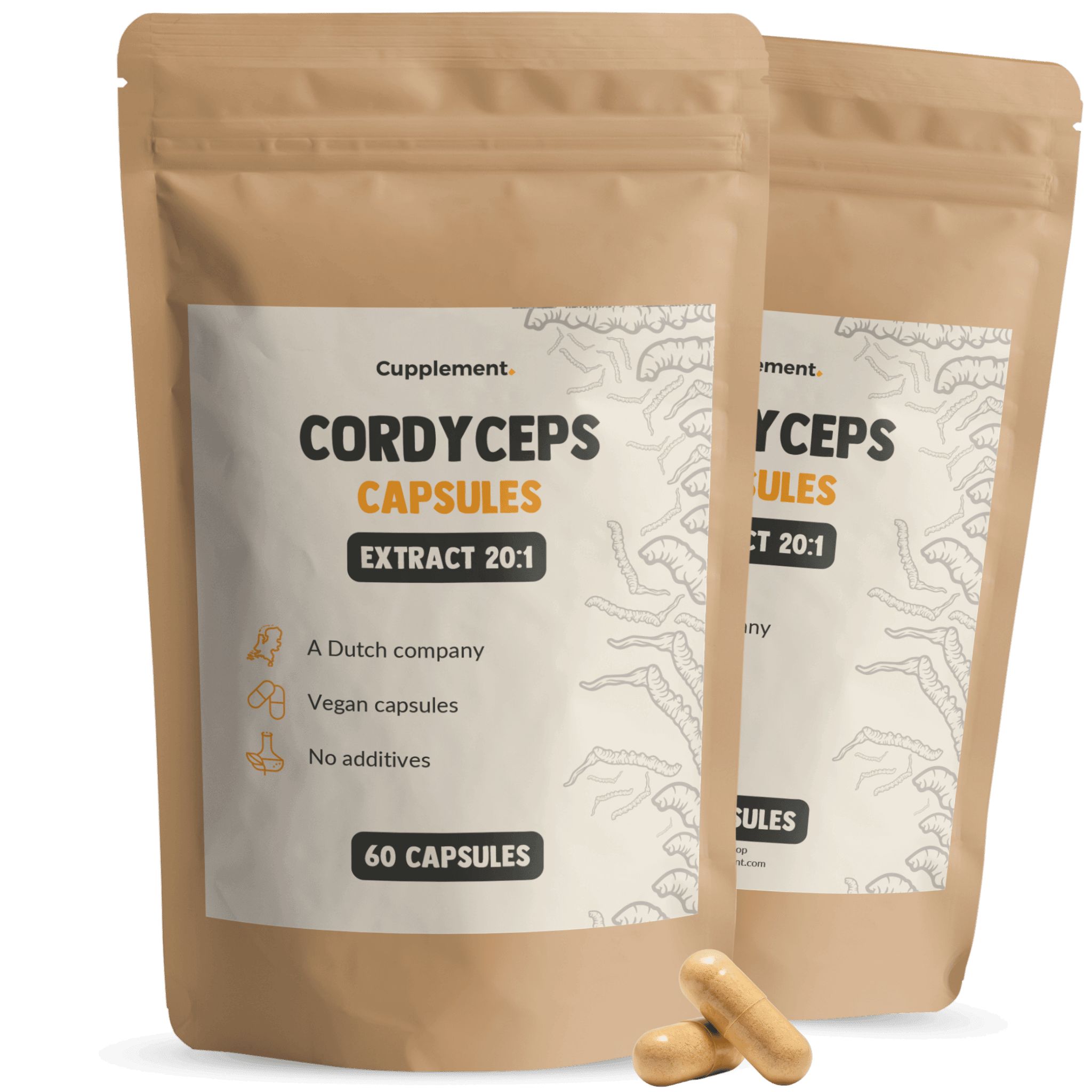 Zwei Beutel Cordyceps-Kapseln. Aufschrift: Cordyceps Capsules, Extrakt 20:1, 60 Kapseln. Braune Verpackung, beige Etikett.