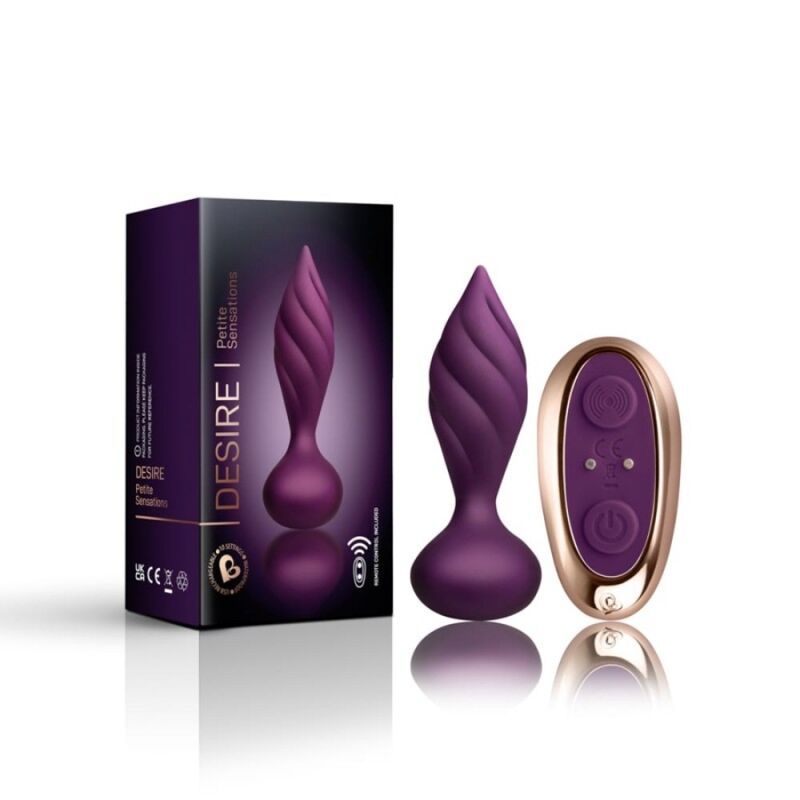 Produktbox mit lila Analstimulator und Fernbedienung, "DESIRE" Aufschrift.