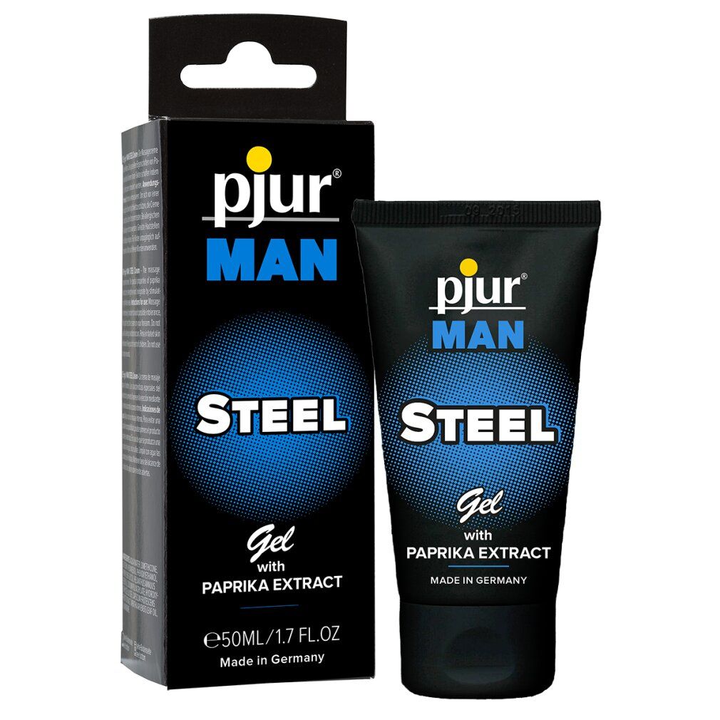 Schwarze Tube und Schachtel. Aufschrift: Pjur MAN STEEL Gel mit Paprikaextrakt. 50ml/1.7 fl.oz.