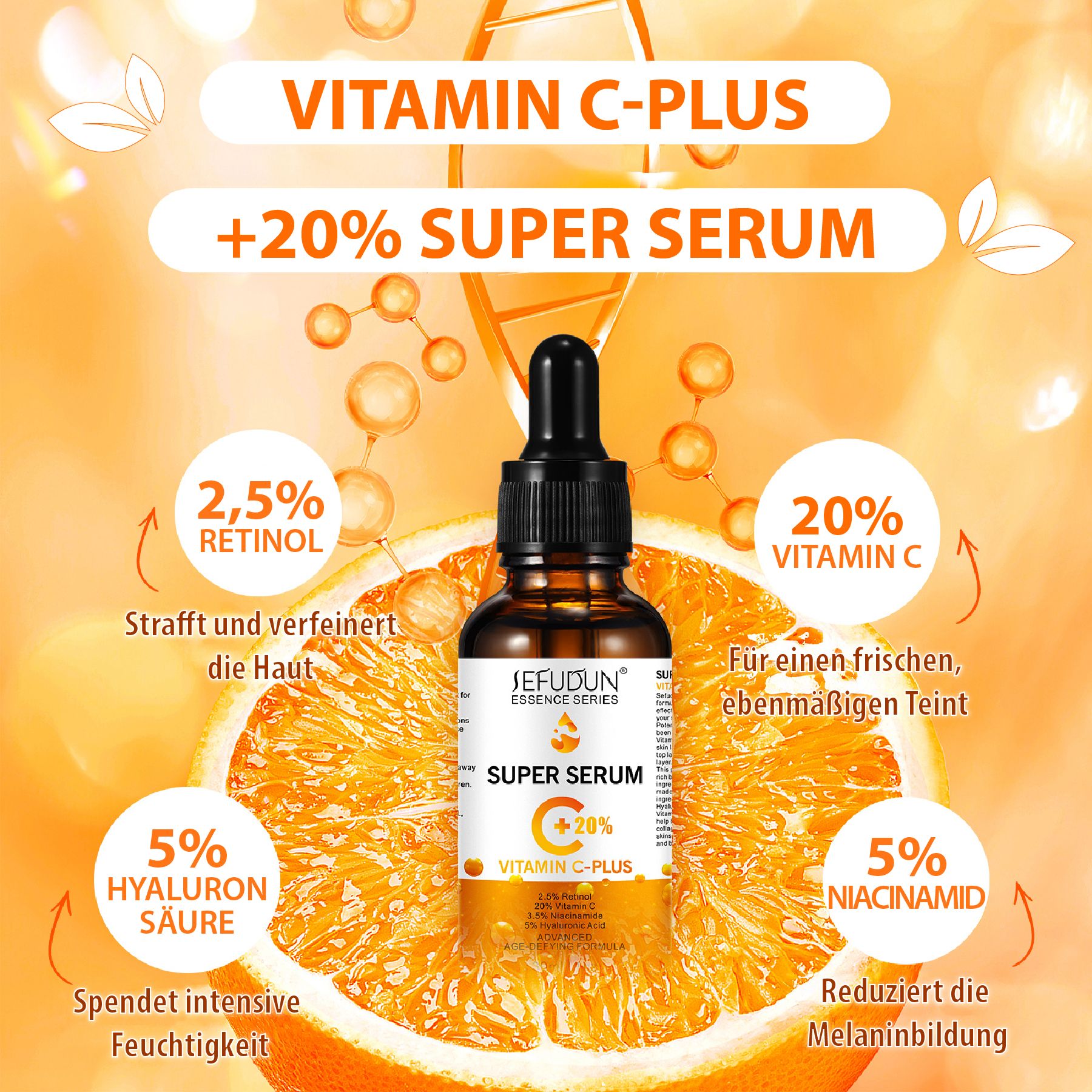 Serumflasche mit Tropfer auf Orangenhintergrund. Text: Vitamin C-Plus, Super Serum, 20% Vitamin C.