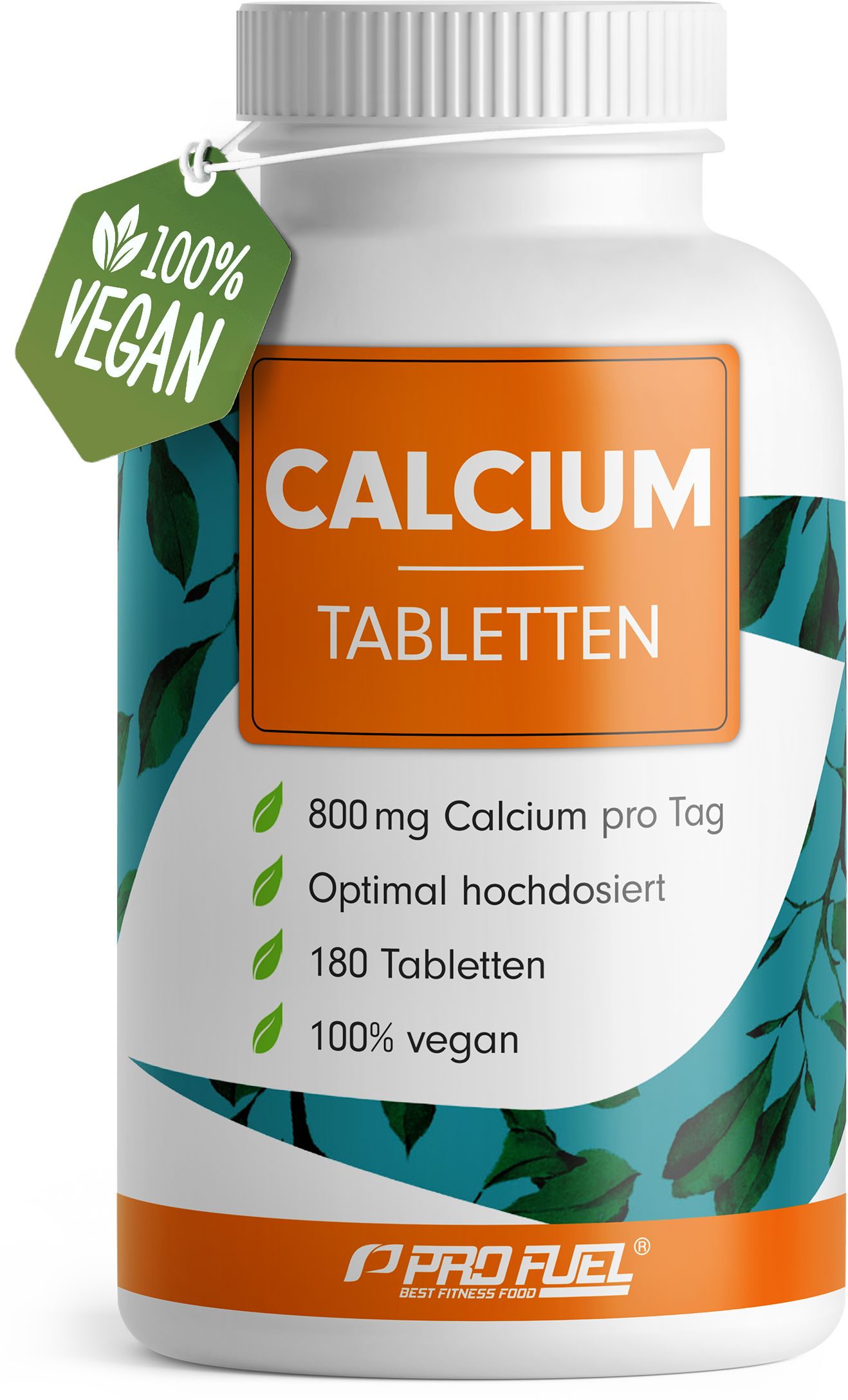 Weiße Flasche mit Calcium Tabletten. Orangefarbenes Etikett mit Text. Grünes Vegan-Siegel. 180 Tabletten, 800mg Calcium pro Tag.
