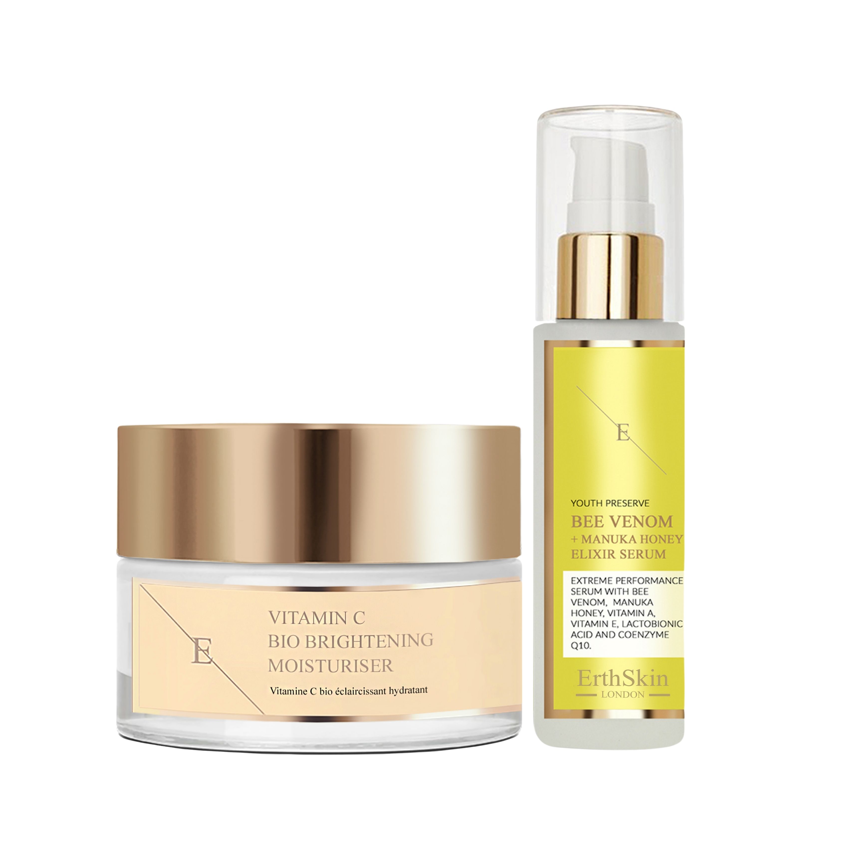 Zwei Kosmetikprodukte. Ein Tiegel mit goldfarbenem Deckel und Aufschrift "Vitamin C Bio Brightening Moisturiser". Daneben eine Flasche mit Pumpe.