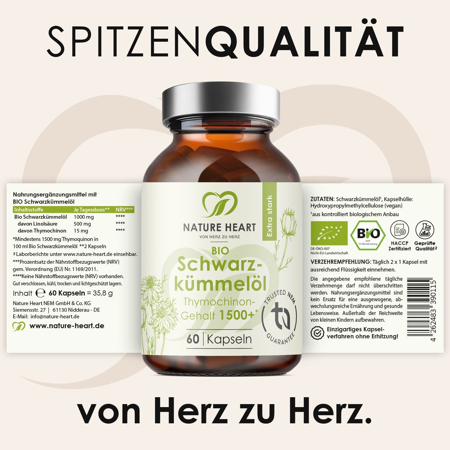 Braune Kapseln in einer braunen Glasflasche. Aufschrift: BIO Schwarzkümmelöl, 60 Kapseln. Text: Spitzenqualität, von Herz zu Herz. Zutatenliste.