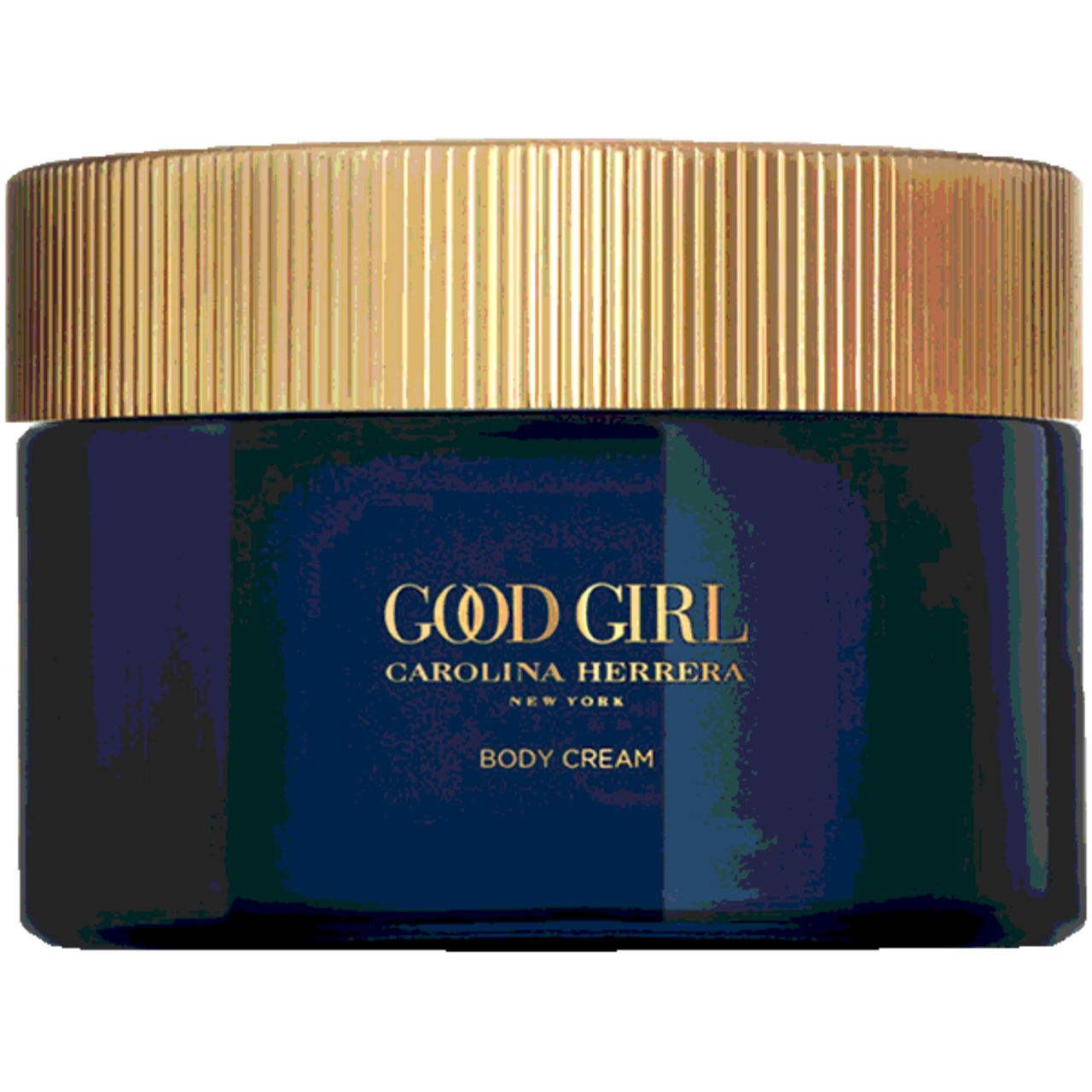 Dunkelblauer Tiegel mit goldfarbenem Deckel, "Good Girl Body Cream" Aufschrift.