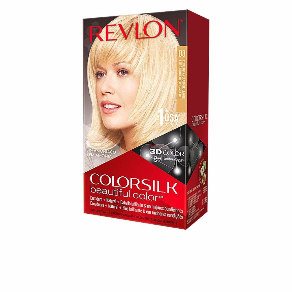 Haarfarbenbox Revlon Colorsilk, Ultra Light Sun Blonde 03. Ohne Ammoniak. 3D Color Gel Technologie. Frau mit blonden Haaren.