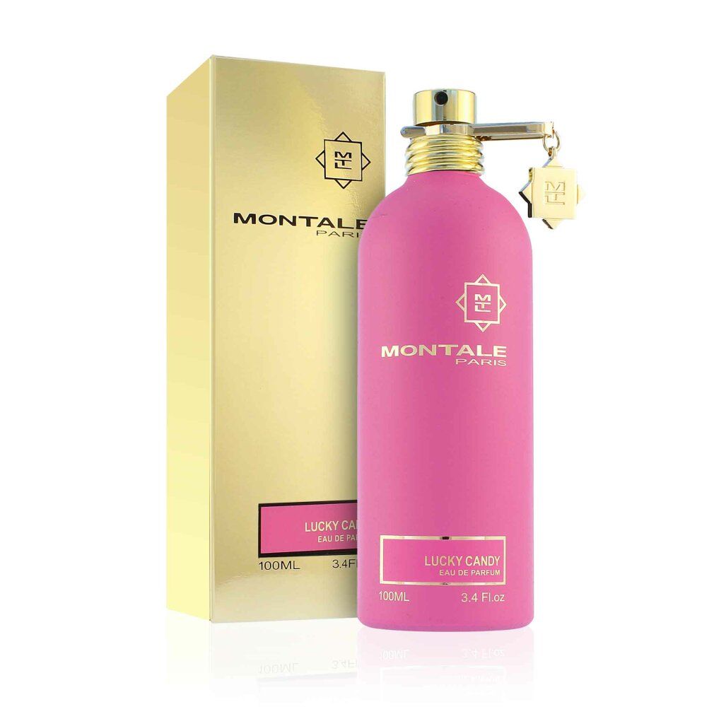 Rosa Flakon und goldfarbene Verpackung. Aufschrift: Montale Paris Lucky Candy Eau de Parfum. 100ML. 3.4 FL.OZ. Goldener Anhänger.