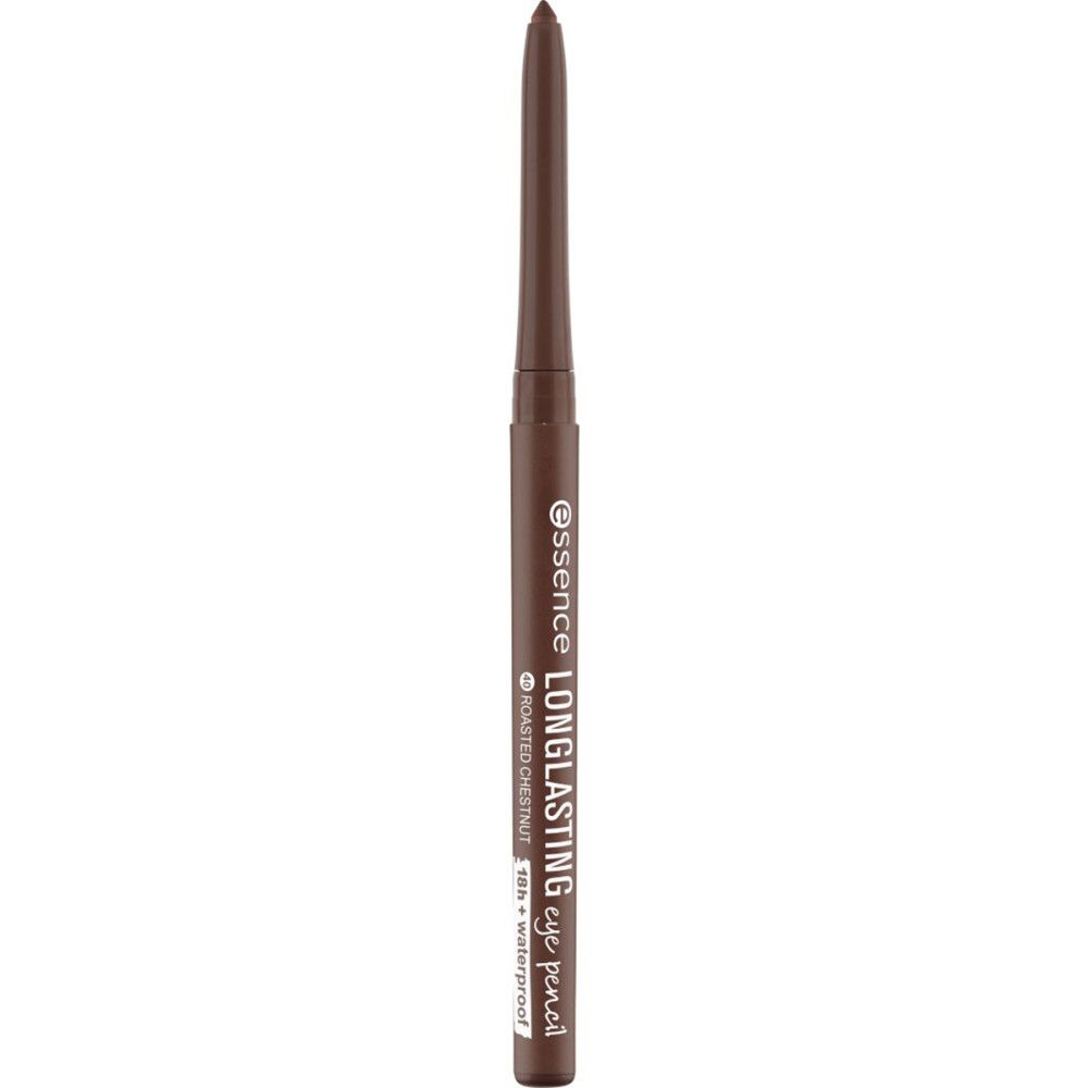 Brauner Augenstift. Aufschrift: Essence Longlasting eye pencil, Roasted Chestnut, 18h + waterproof.