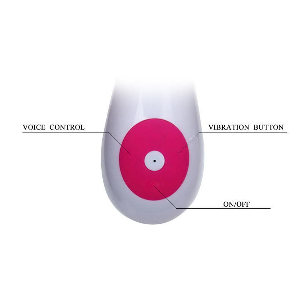 Nahaufnahme des Sockels eines rosa Vibrators. Auf dem weißen Sockel befinden sich ein rosa Knopf und die Beschriftungen: Voice Control, Vibration Button, ON/OFF.