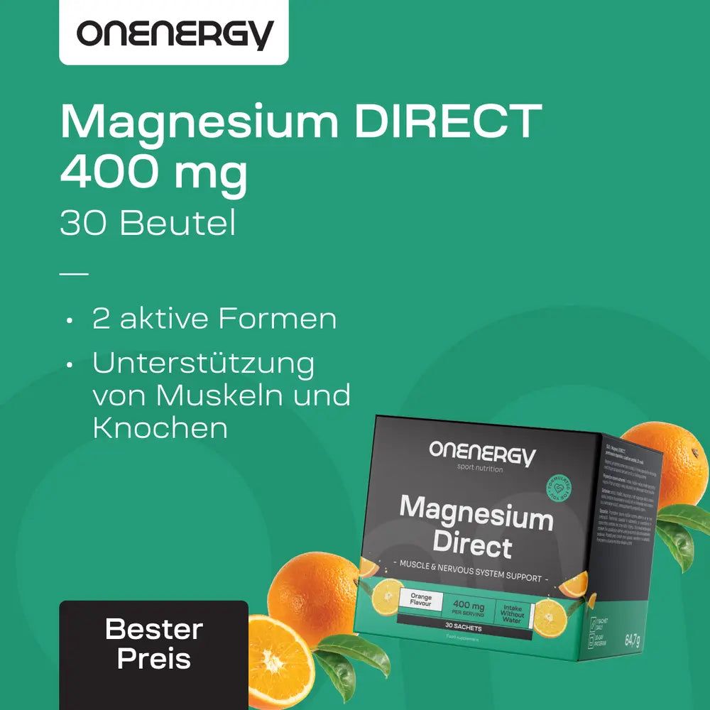 Produktverpackung mit Text: Magnesium Direct 400 mg, 30 Beutel. Orangen und Blätter. Text: Bester Preis.