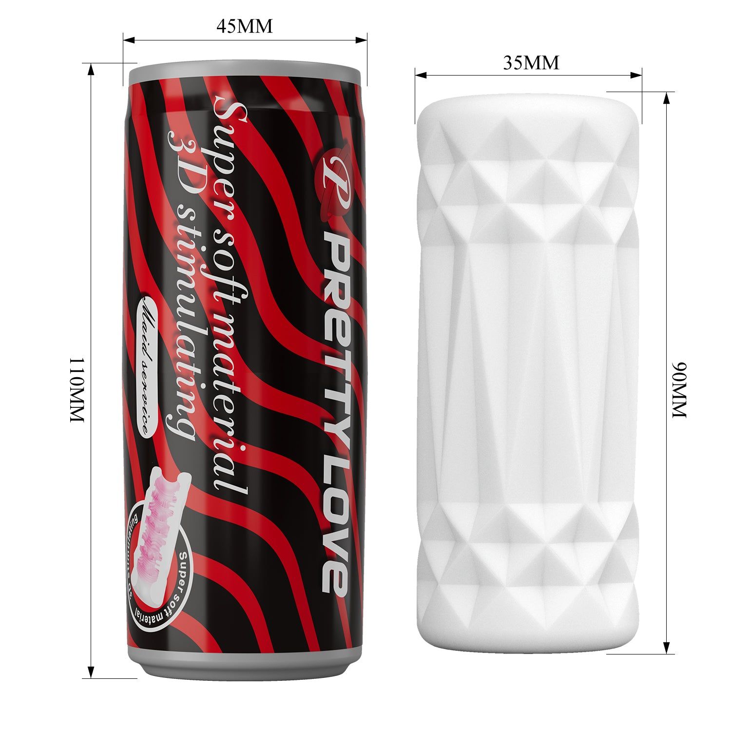 Weißes, zylindrisches Produkt mit geometrischer Oberfläche und eine Dose mit rotem und schwarzem Design. Maße sind angegeben.