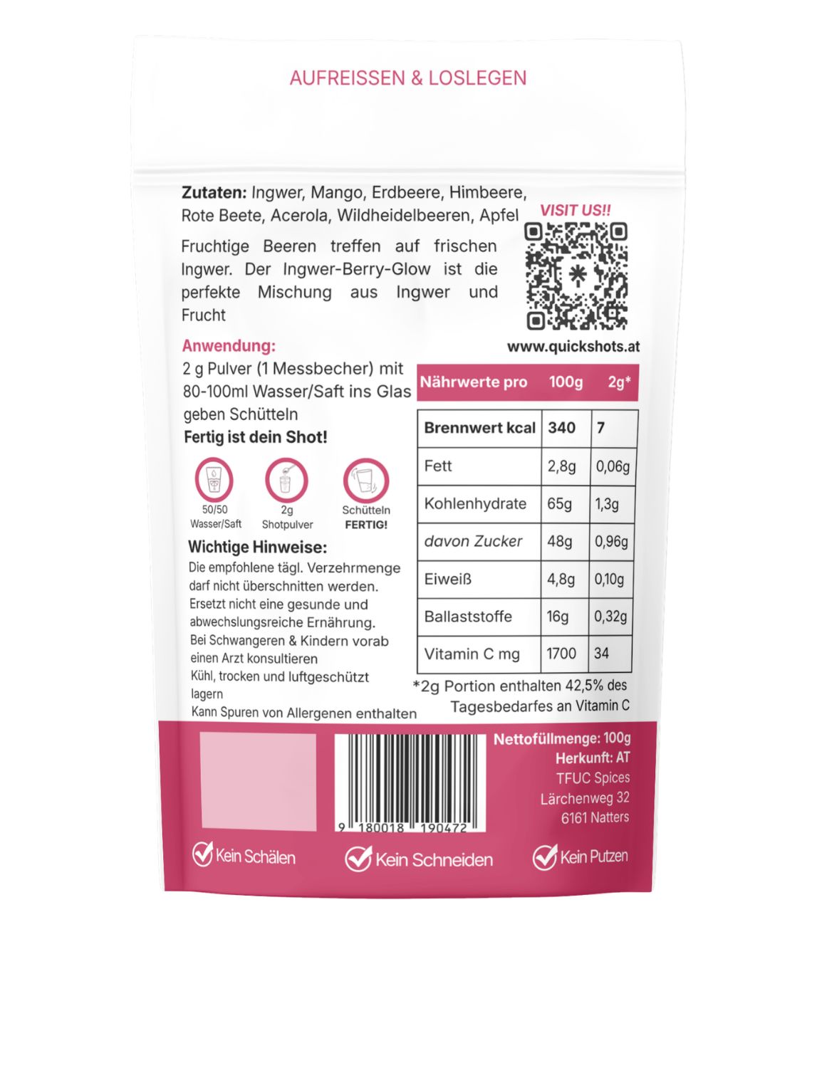 Quickshots Pure Ingwer Pulverbeutel mit Ingwer-Abbildung, 50 Portionen.
