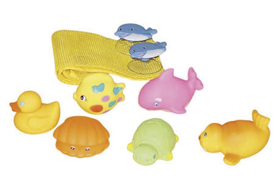 Gelbes Badewannennetz mit Schwimmtieren. Ente, Fisch, Delfin, Schildkröte, Robbe und Muschel.