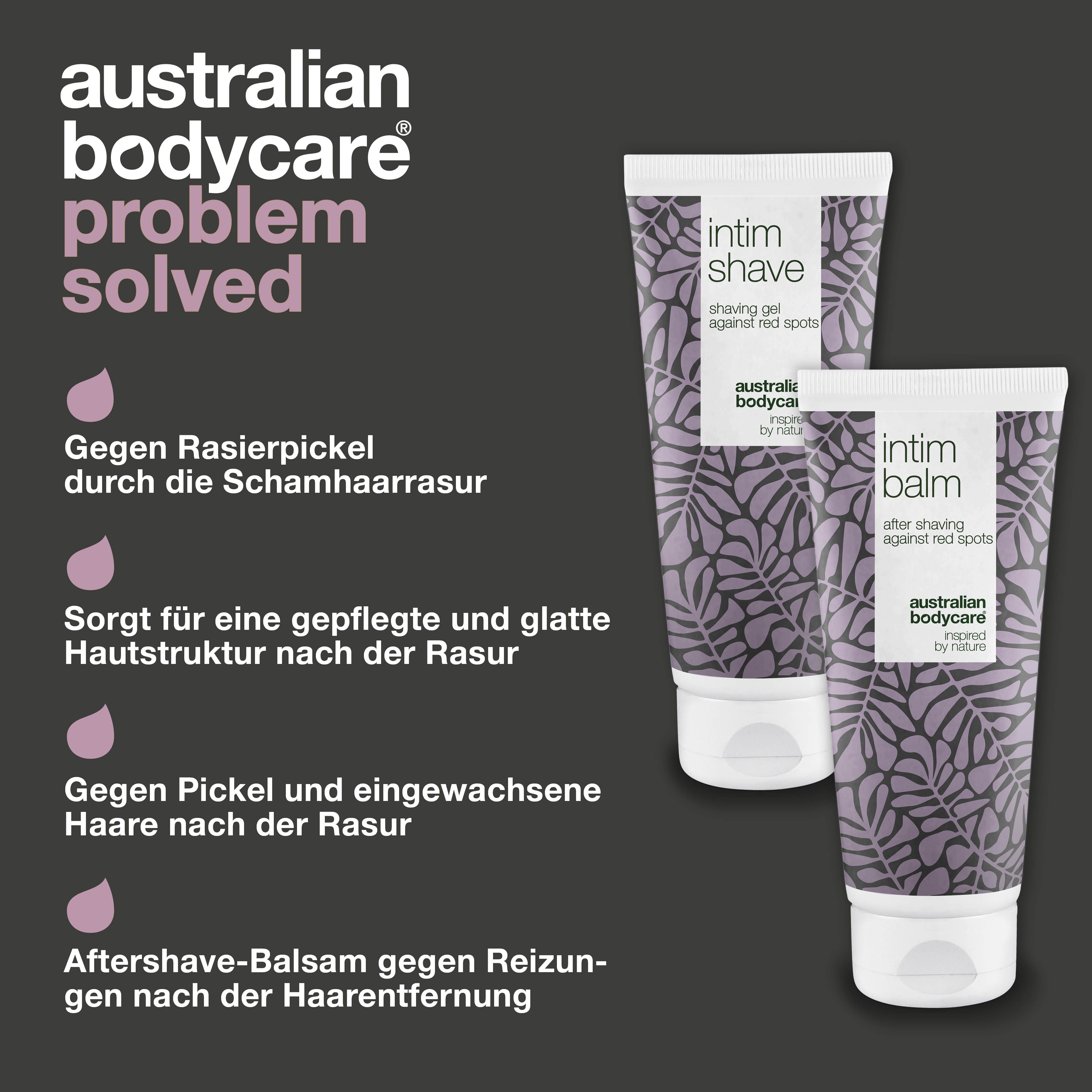 Problem gelöst. Intim-Shave-Gel und Intim-Balsam. Marke: Australian Bodycare.