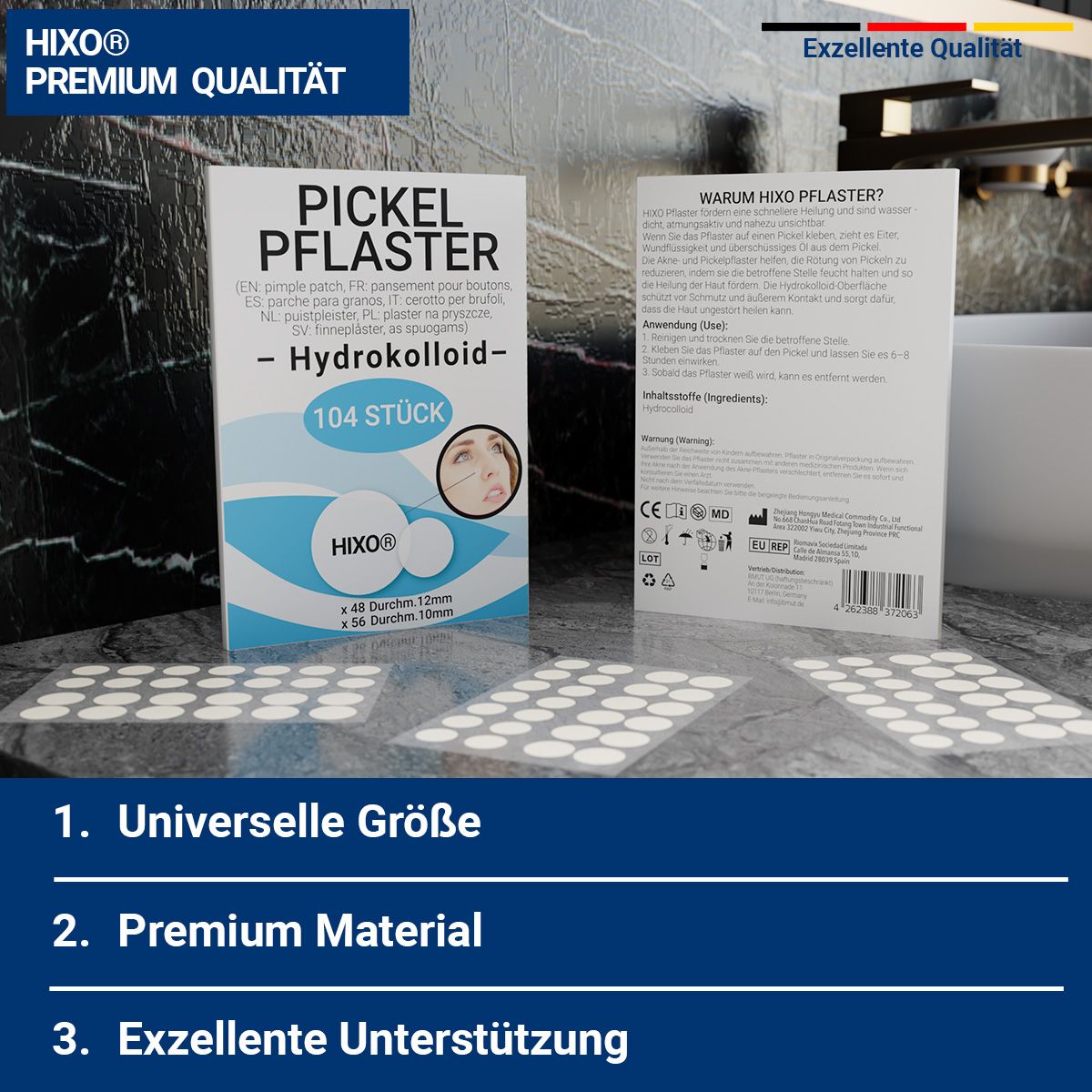 Zwei Packungen Pickel Pflaster. Aufschrift: Premium Qualität, 104 Stück. Reihe von Pflastern. Aufschrift: Universelle Größe, Premium Material.