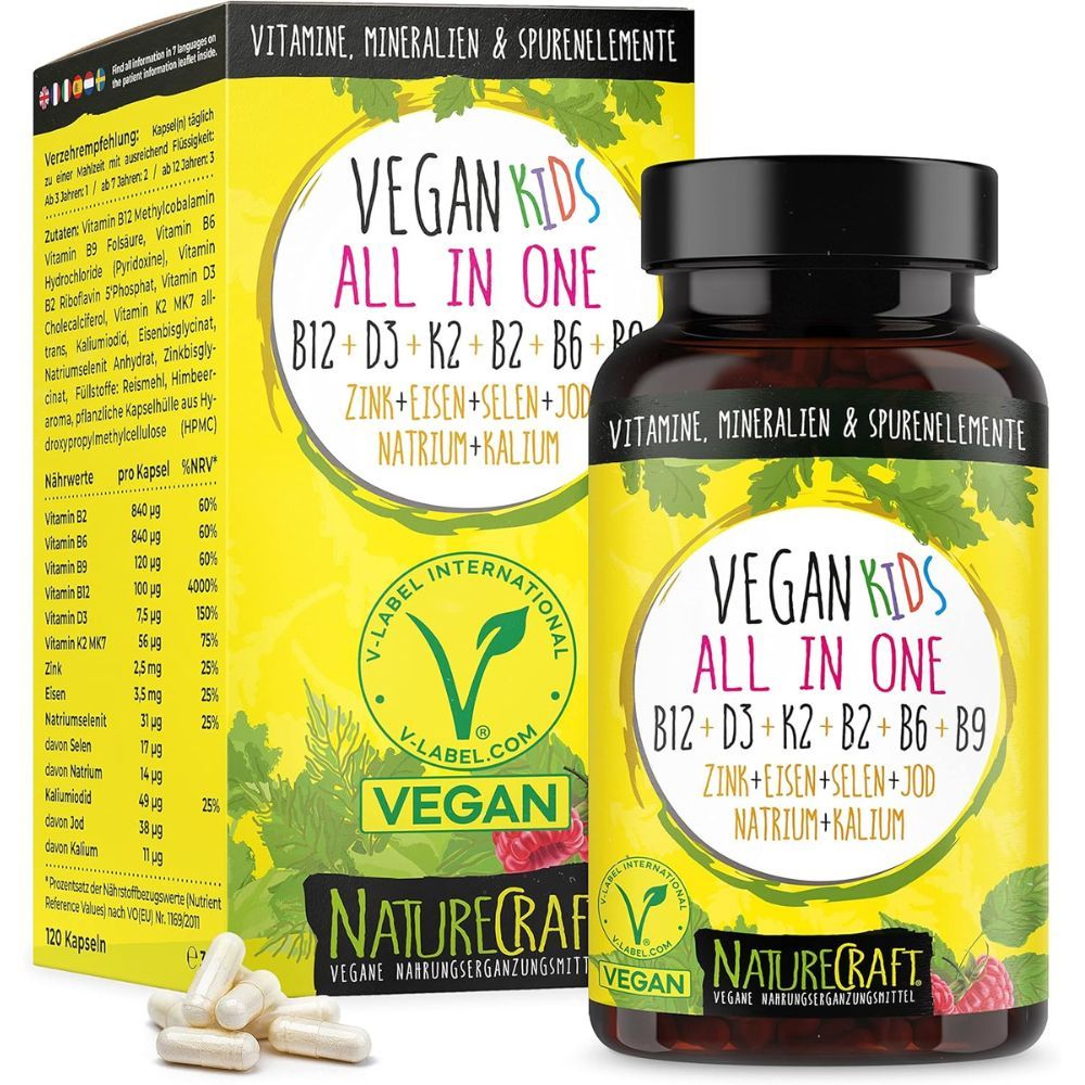 NatureCraft Vegan Kids All-In-One Kapseln mit Himbeeren und Blättern.