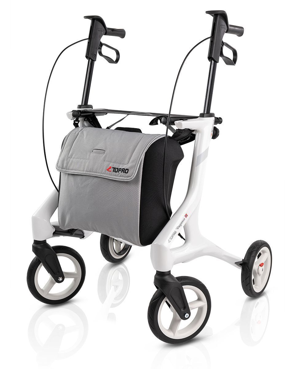 Rollator TOPRO Pegasus Carbon, weißes Gestell, graue Tasche, schwarze Details. Vier Räder, Handgriffe, Bremsen.