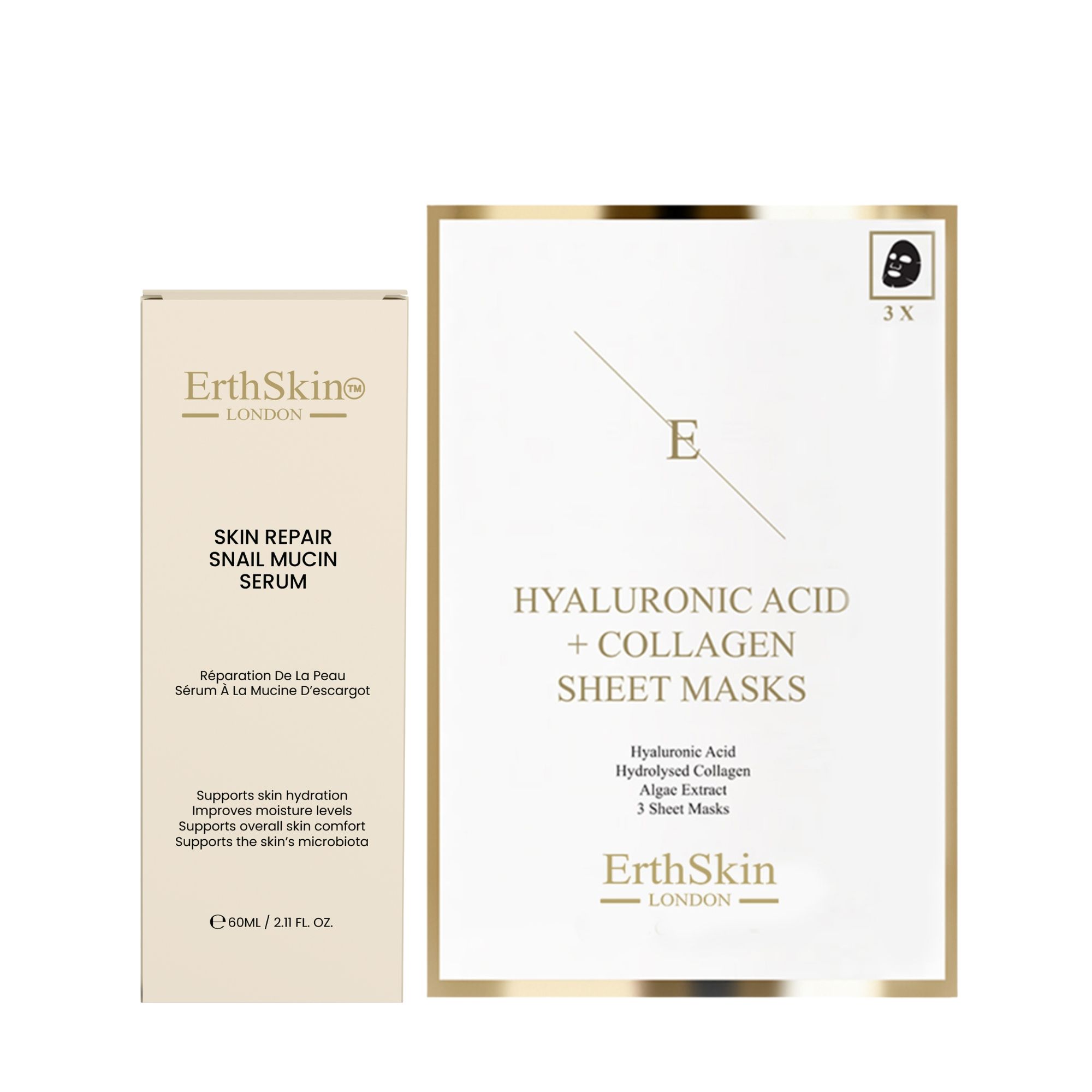 ErthSkin London Hautpflege-Set: Hautreparierendes Schneckenschleim-Serum in Flasche und Verpackung, 3 Kollagen-Tuchmasken.