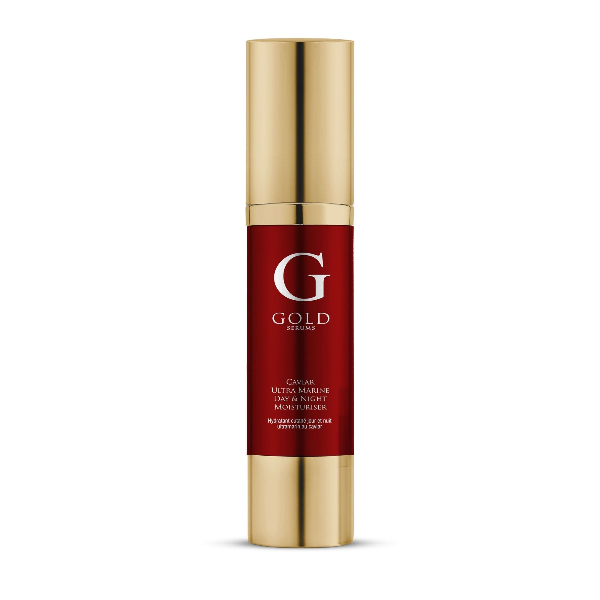 Gold Serums Caviar Ultra Marine Tages- und Nachtfeuchtigkeitspflege. Rote und goldene Flasche. Mit goldener Kappe und Pumpe.