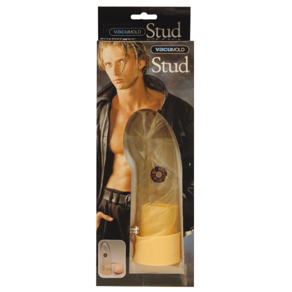 Verpackung mit Vakuum Potenz-Pumpe. Durchsichtiger Zylinder, gelber Sockel, Mann im Hintergrund. "Stud" Schriftzug.