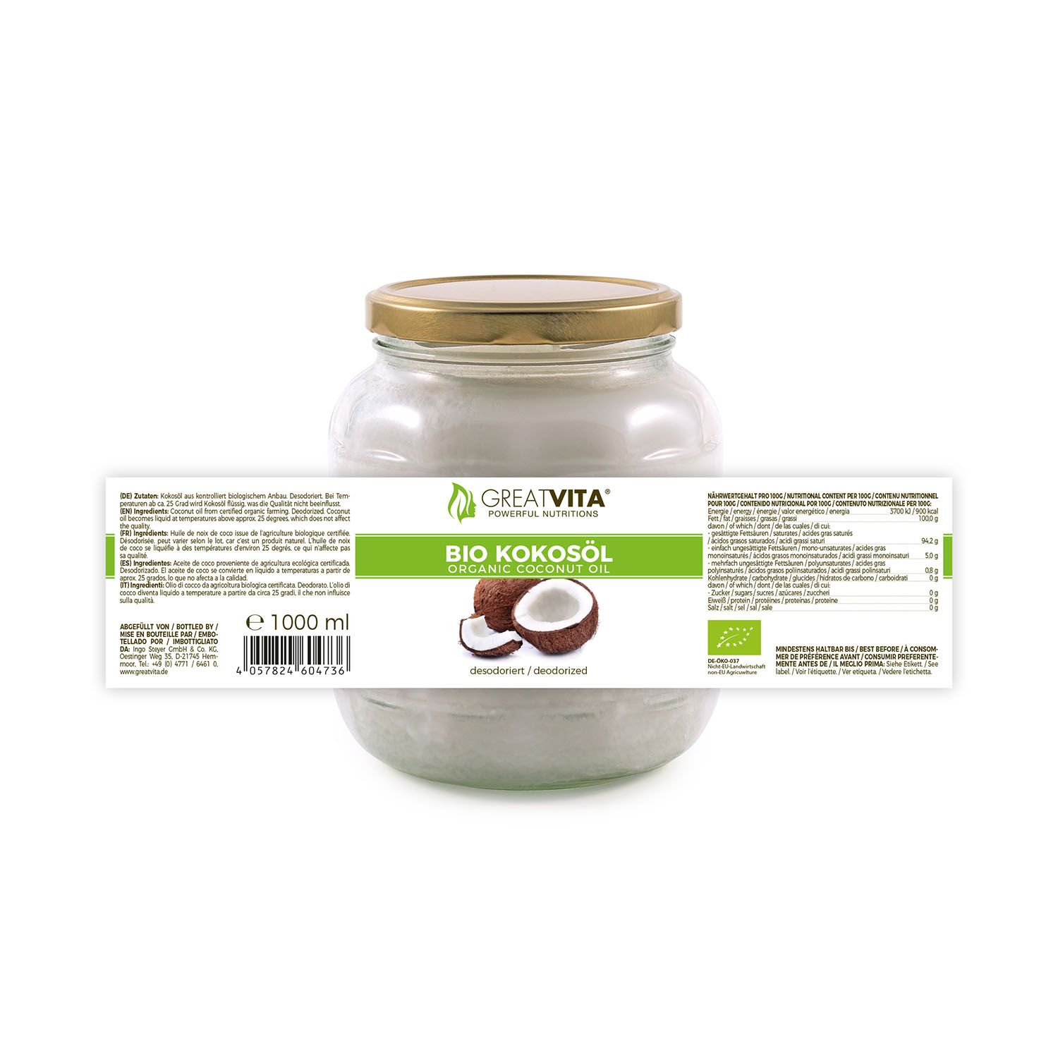 Glasbehälter mit Kokosöl. Etikett mit Produktname, Kokosnuss-Illustration und Bio-Siegel. Goldfarbener Deckel.