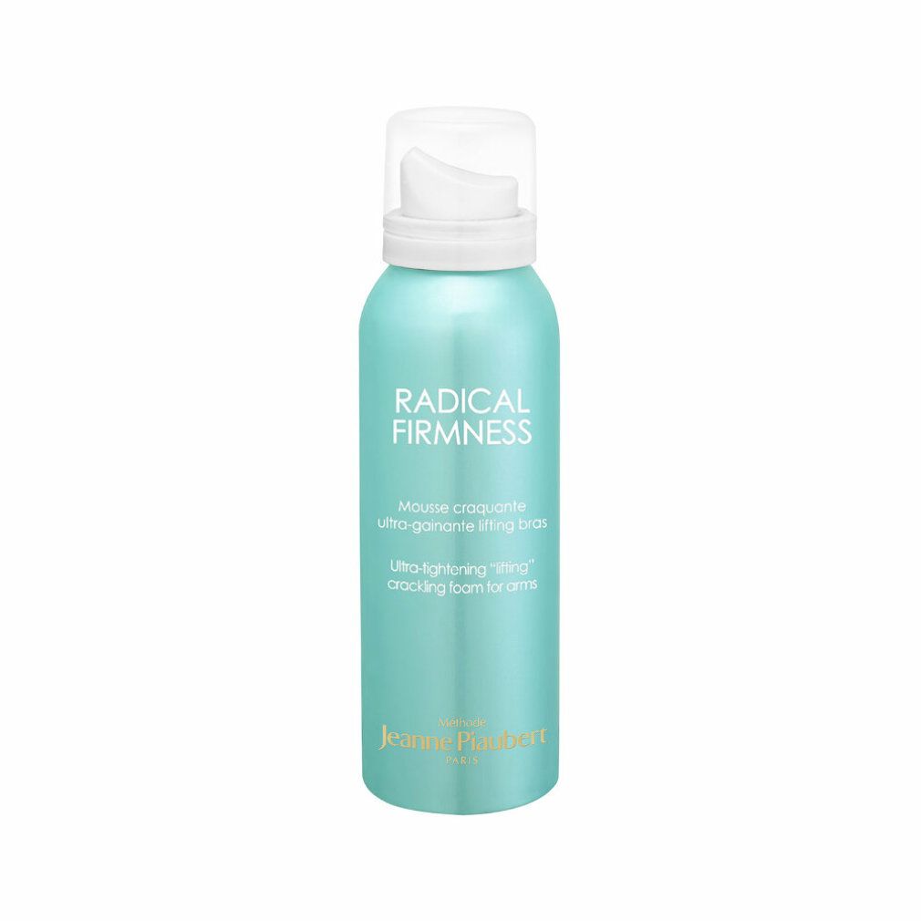 Türkisgrüne Flasche mit weißem Pumpkopf. Aufschrift: RADICAL FIRMNESS, Mousse craquante, Ultra-gaine lifting bras, Ultra-tightening "lifting" cracking foam for arms.