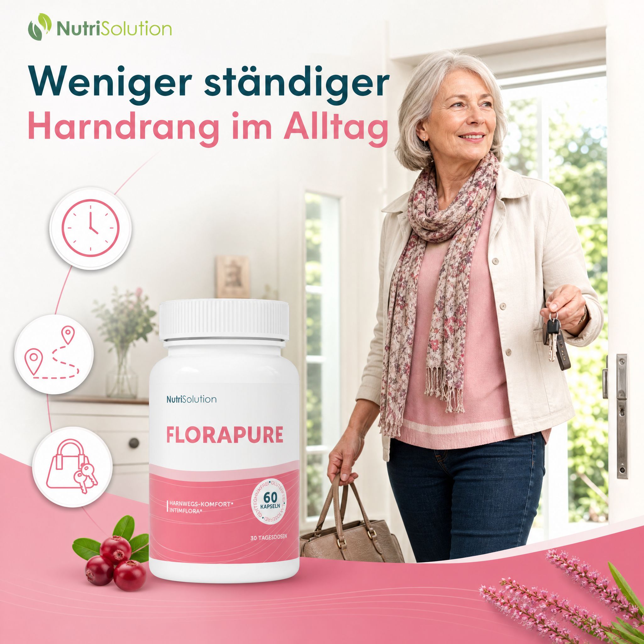 NutriSolution FloraPure Dose neben einer Frau, die Schlüssel hält. Icons zeigen Uhr, Route, Handtasche.