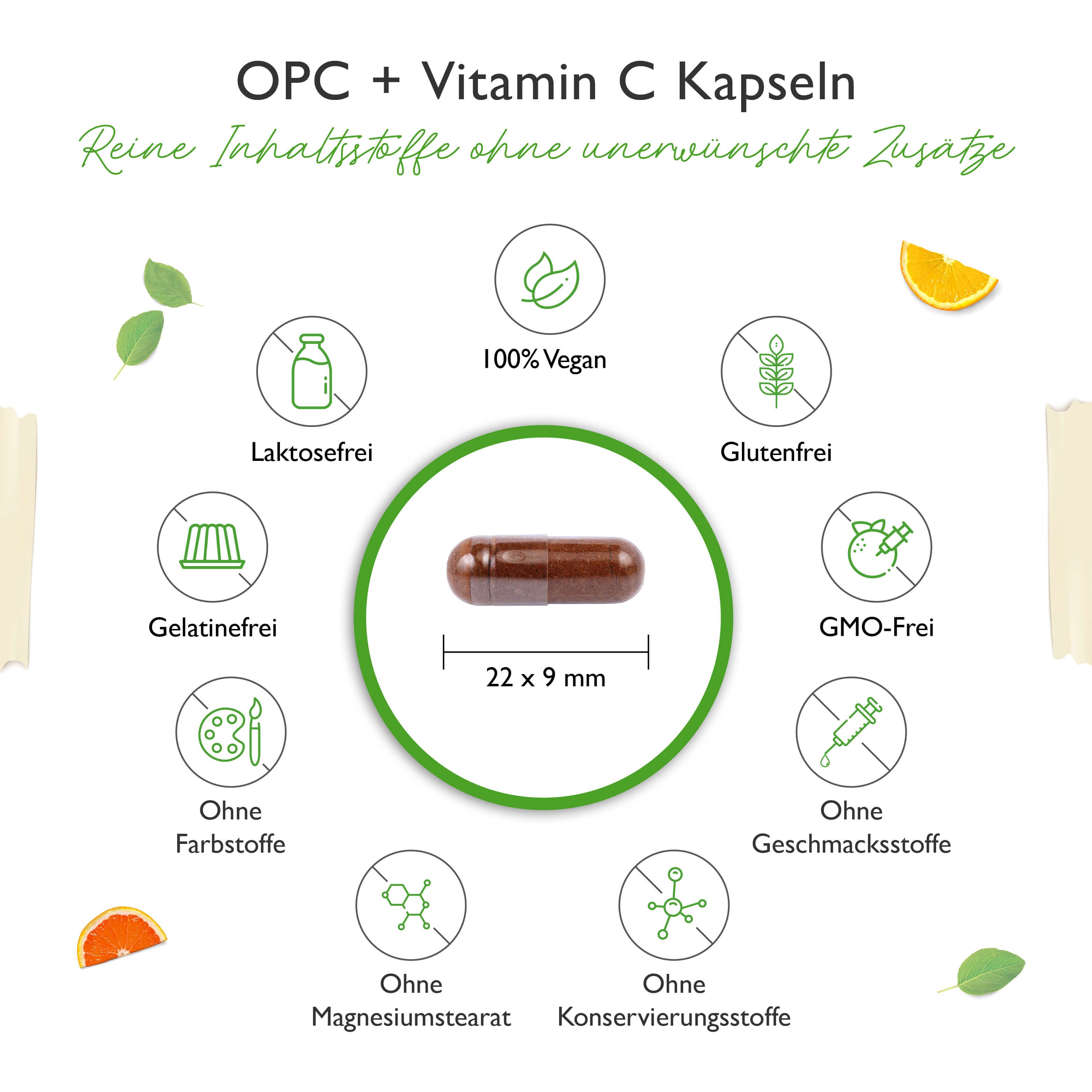 Braune Kapsel, 22x9 mm. Umgeben von Symbolen: vegan, glutenfrei, etc.