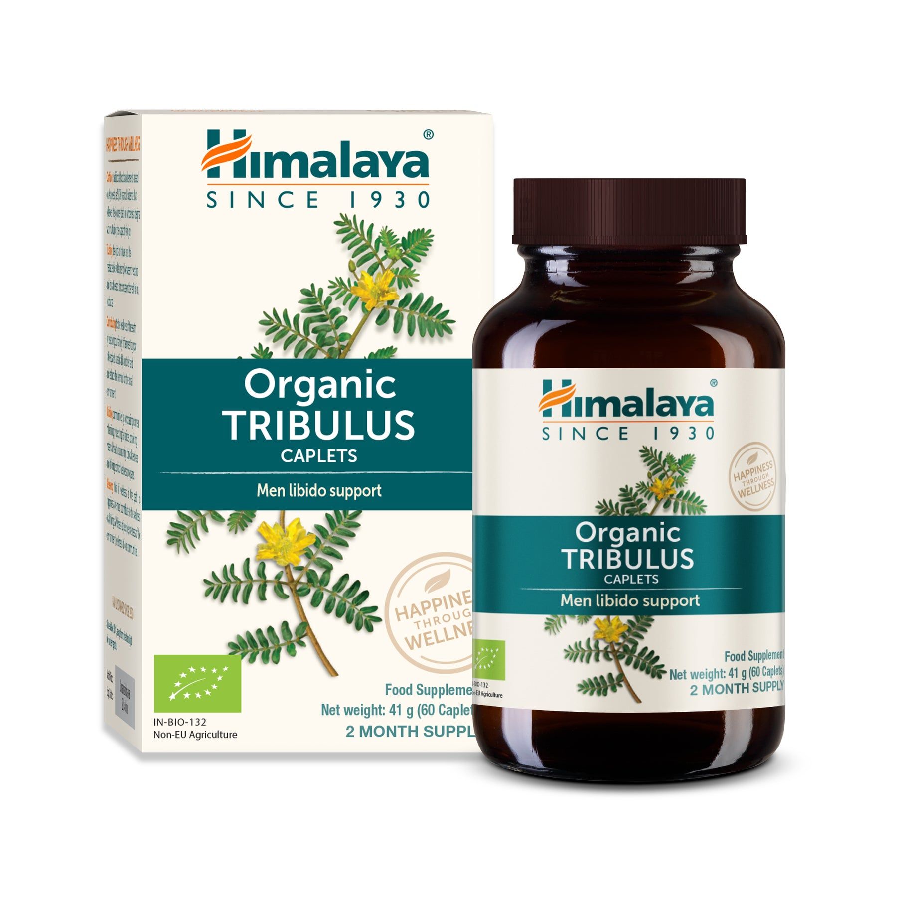 Himalaya Organic Tribulus Caplets und Verpackung. Produktname, Marke und Zertifizierungen sind sichtbar.