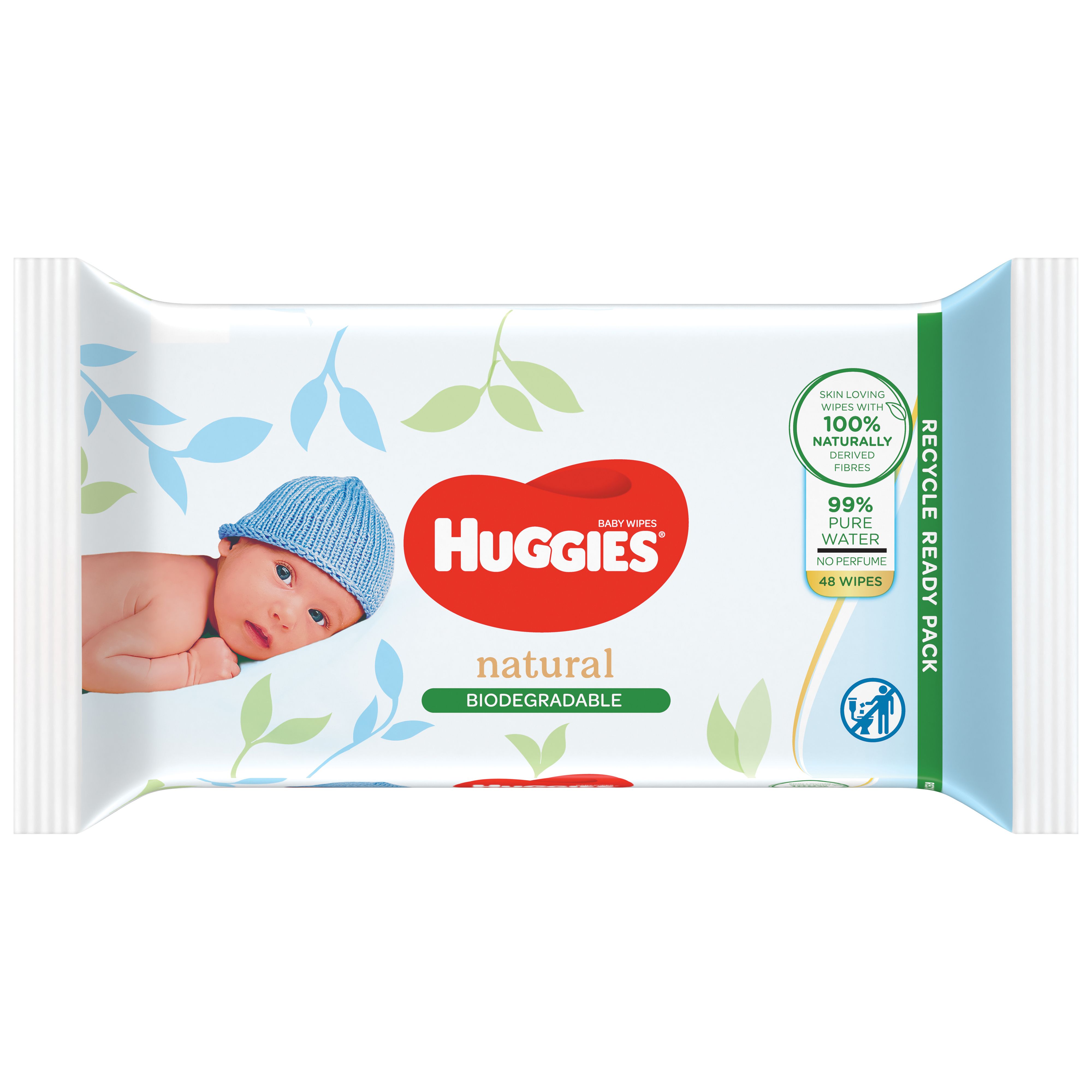Huggies Feuchttücher-Packung. Weiße Packung mit Baby-Motiv, Huggies-Logo und Produktinformationen. 'Natural' und 'Biodegradable'.