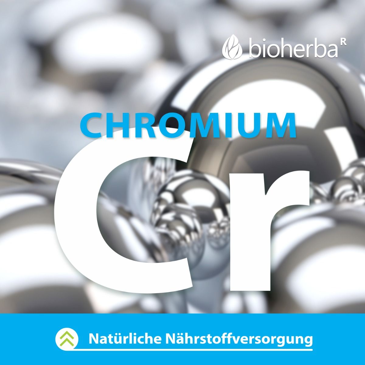Chromium-Grafik mit Kugeln. Text: Chromium. Logo: Bioherba. Natürliche Nährstoffversorgung.
